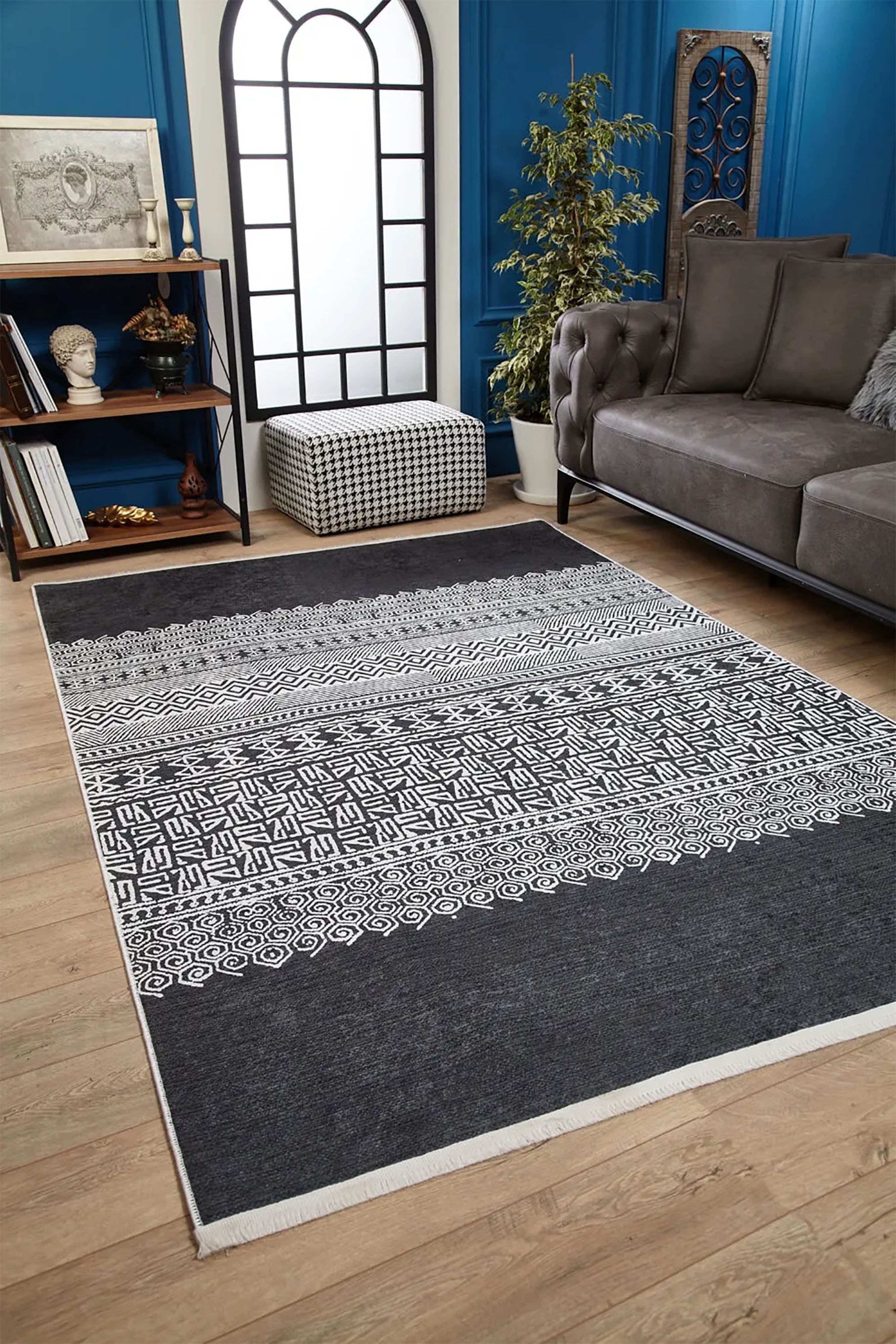 Gri Etnik Desenli Geometrik Anadolu Kilim Halı - Pera Halı