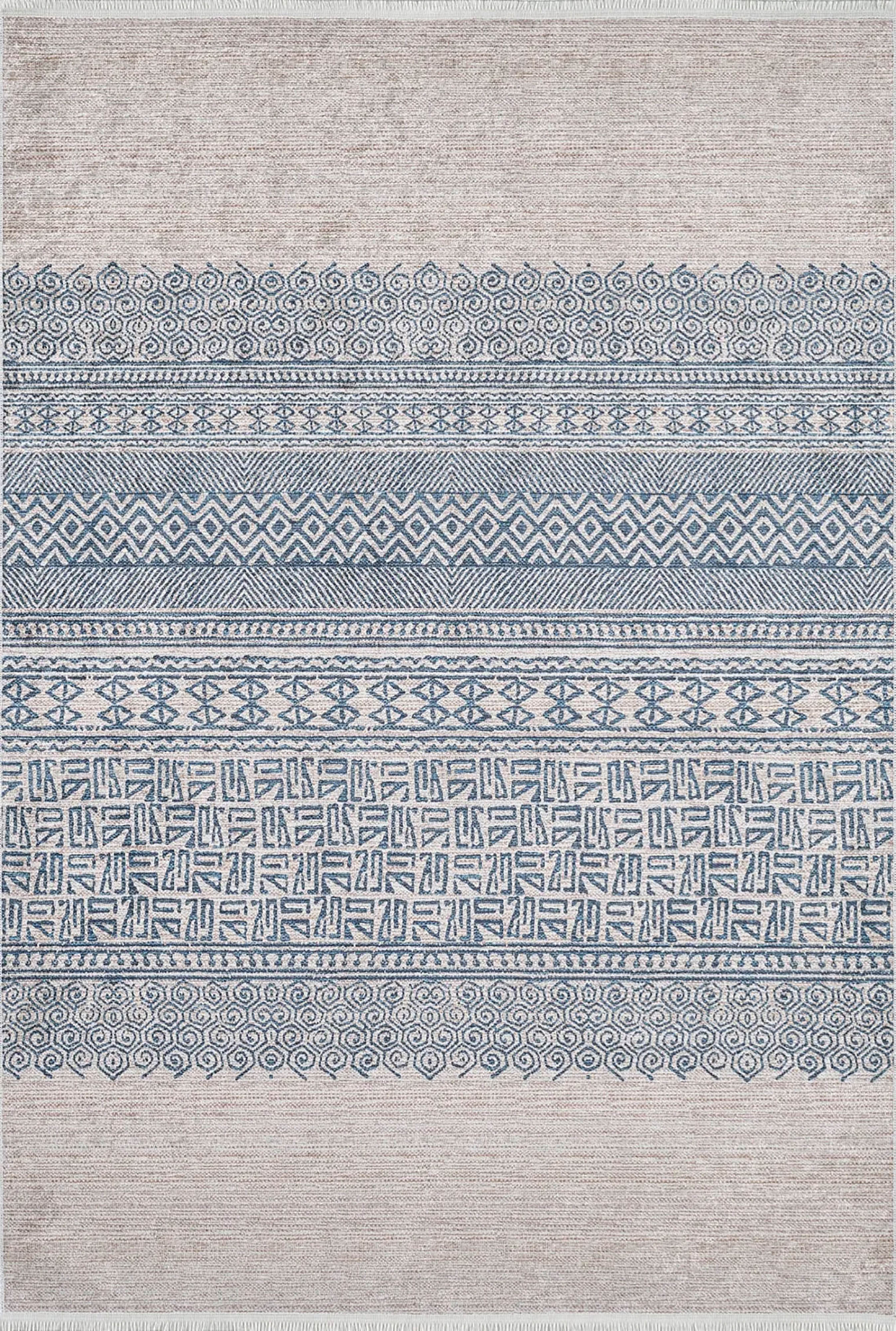Bej Mavi Etnik Desenli Geometrik Anadolu Kilim Halı - Pera Halı