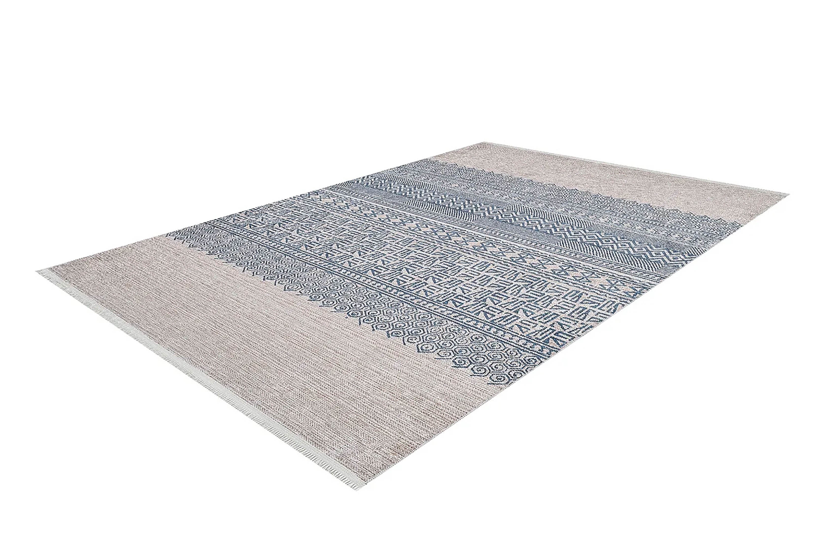 Bej Mavi Etnik Desenli Geometrik Anadolu Kilim Halı - Pera Halı