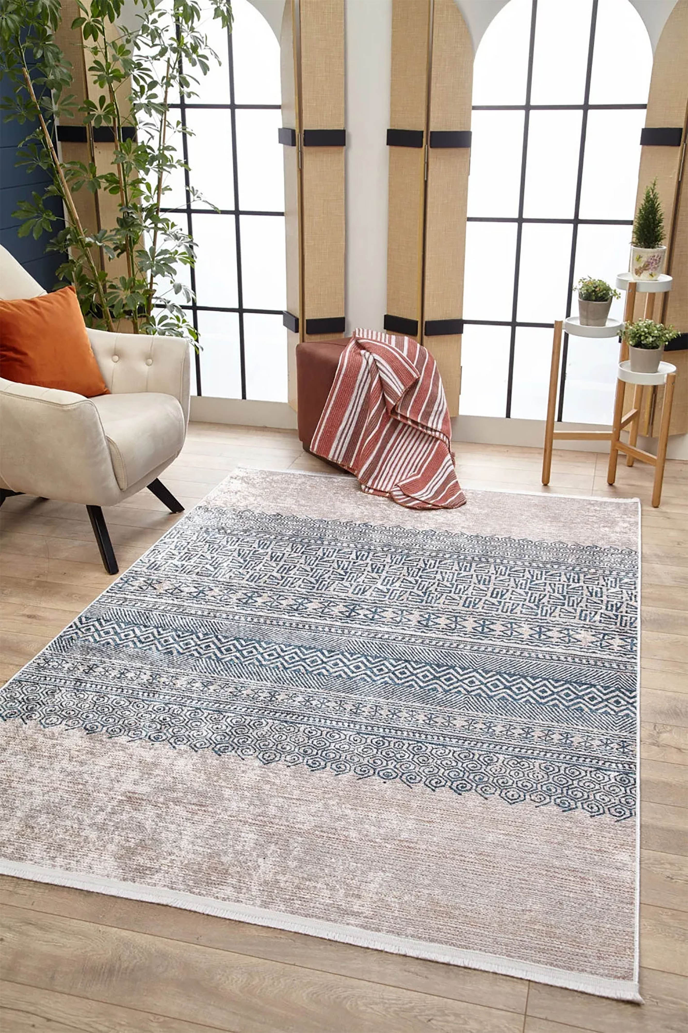 Bej Mavi Etnik Desenli Geometrik Anadolu Kilim Halı - Pera Halı