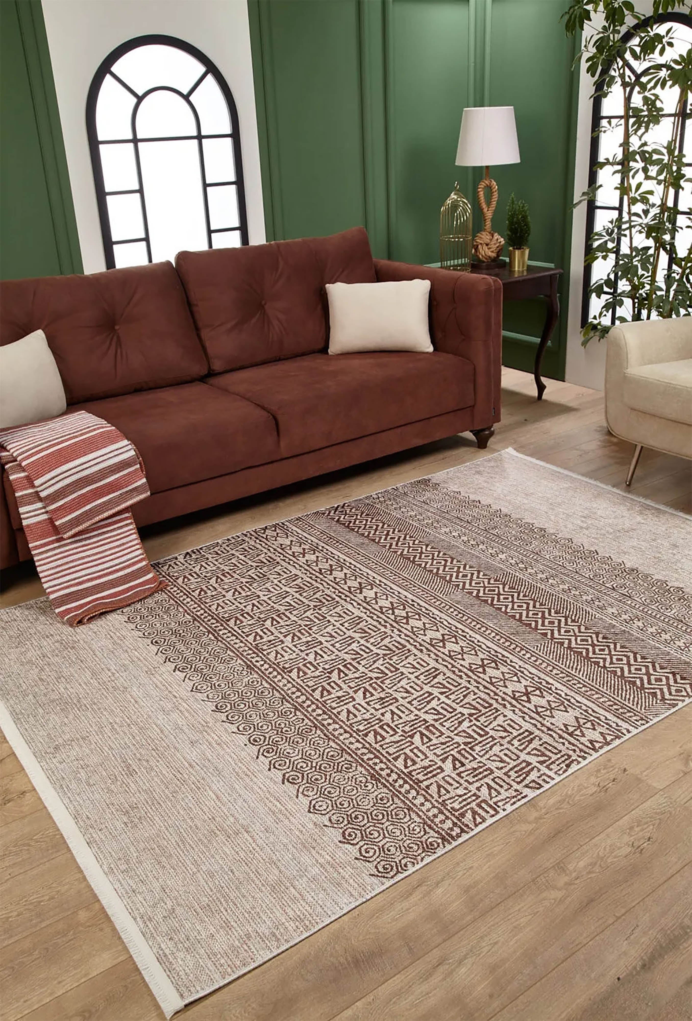 Bej Kahverengi Etnik Desenli Geometrik Anadolu Kilim Halı - Pera Halı