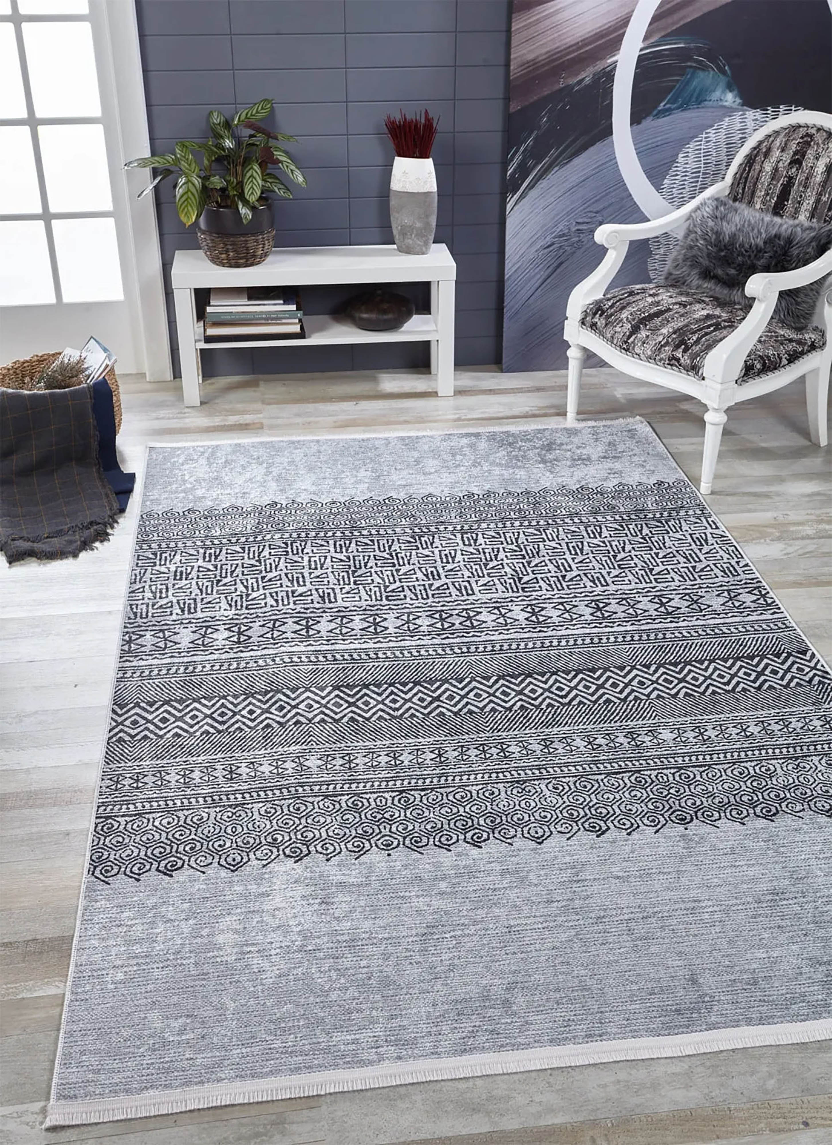 Bohem Halı | Gri Etnik Geometrik Desenli | Modern Kilim Tarzı