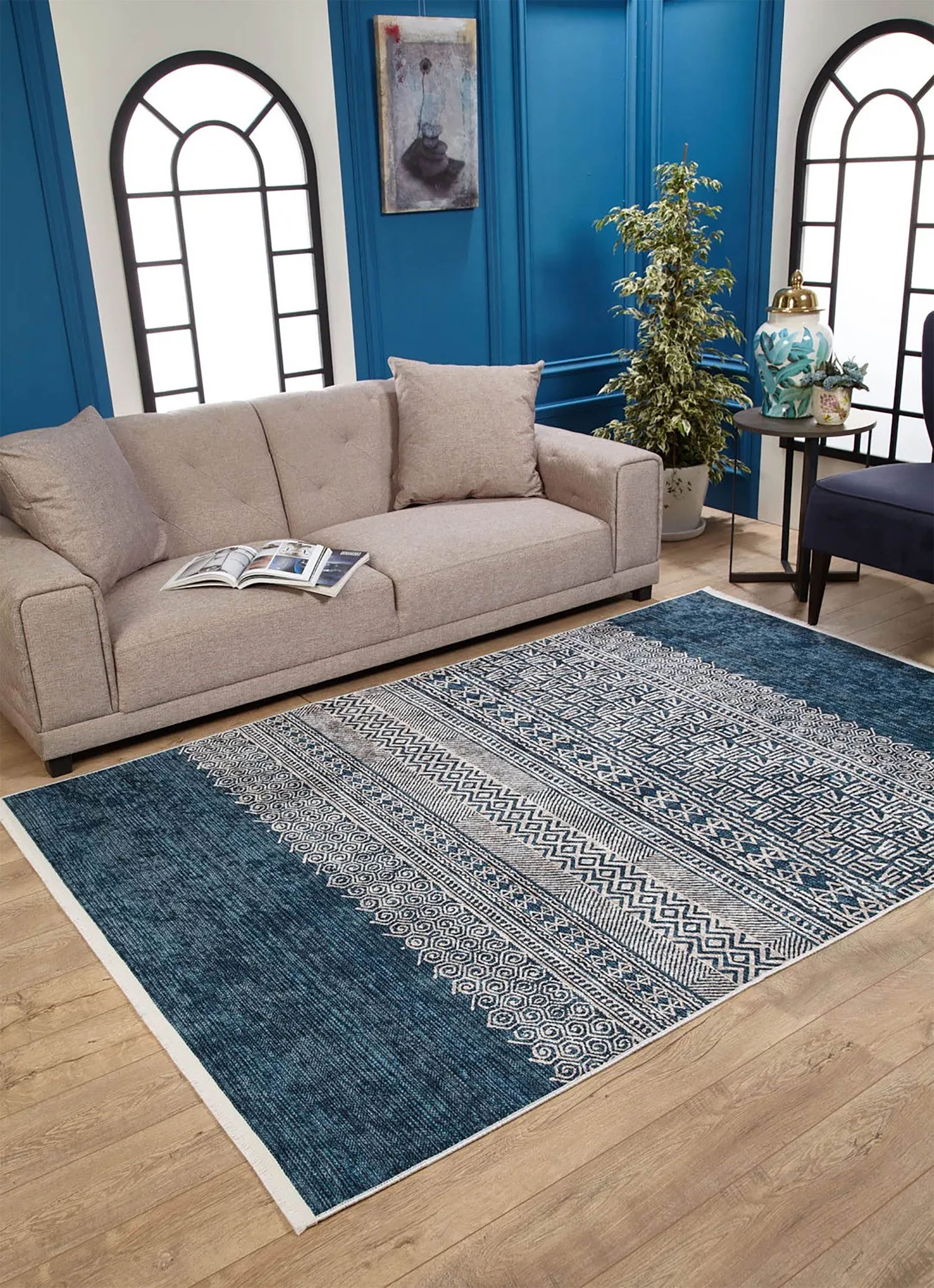 Mavi Bej Etnik Desenli Anadolu Kilim Halı - Pera Halı