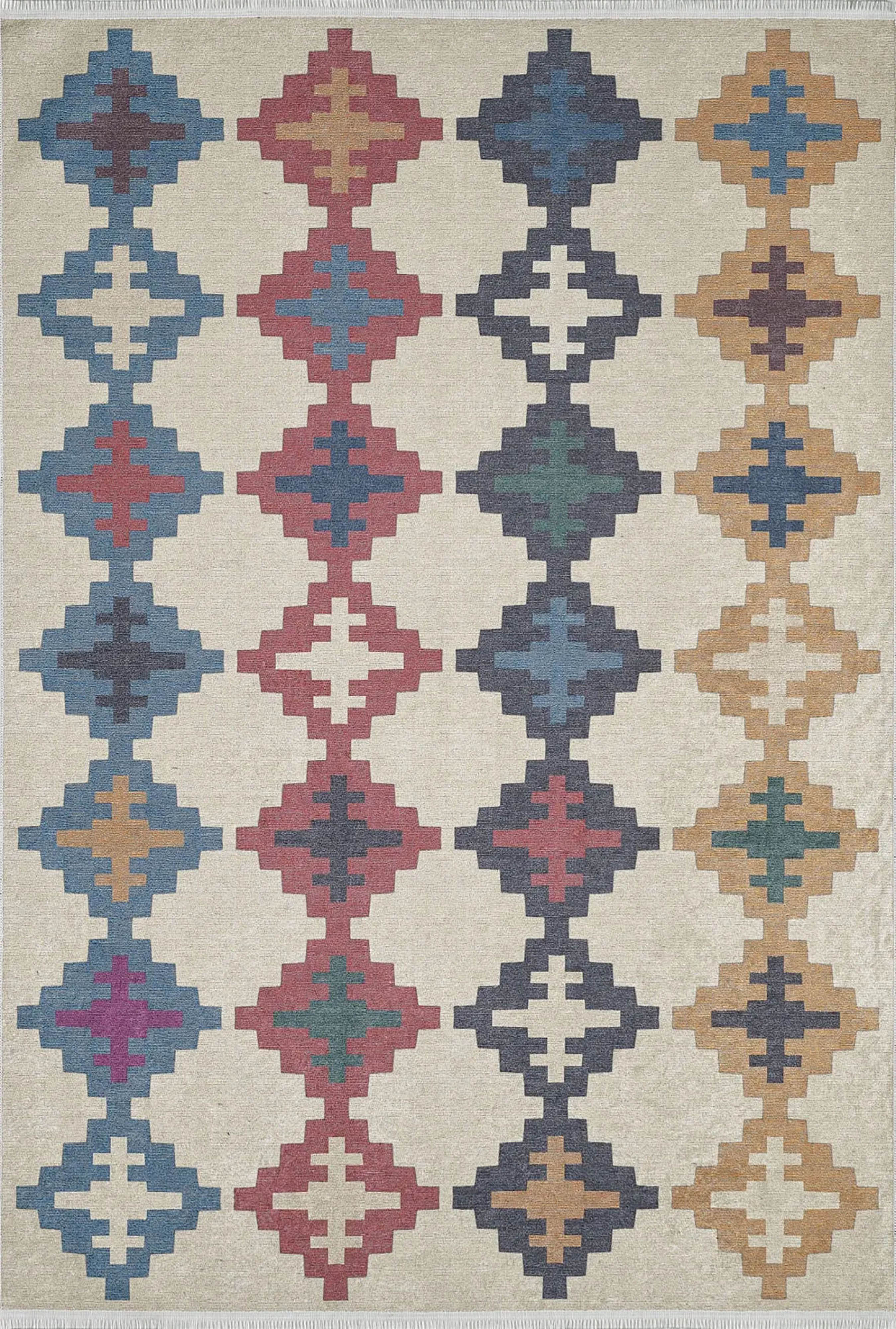 Kilim Halı | Bej Zeminli Çok Renkli Etnik Desenli | Bohem Tarzı