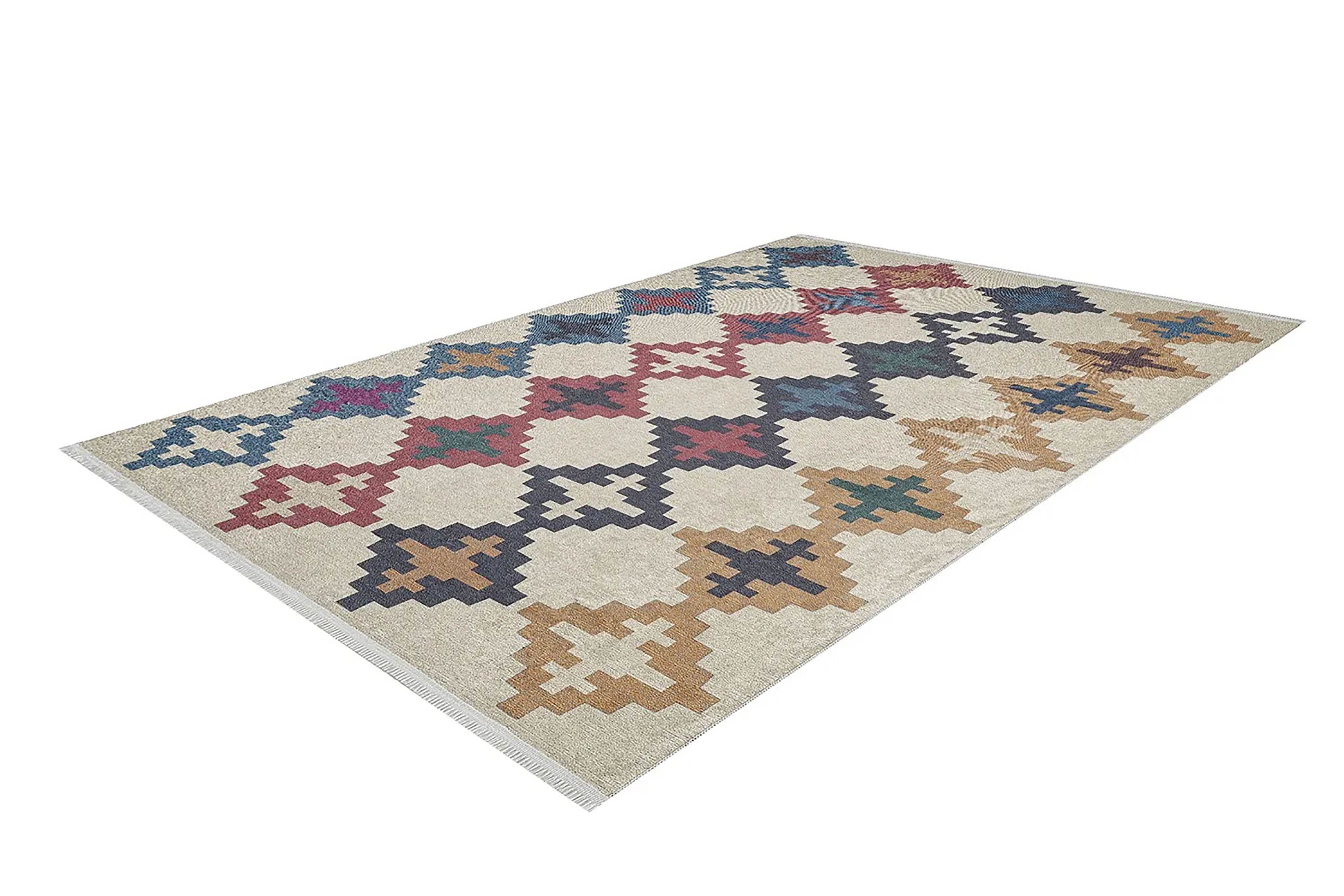 Kilim Halı | Bej Zeminli Çok Renkli Etnik Desenli | Bohem Tarzı