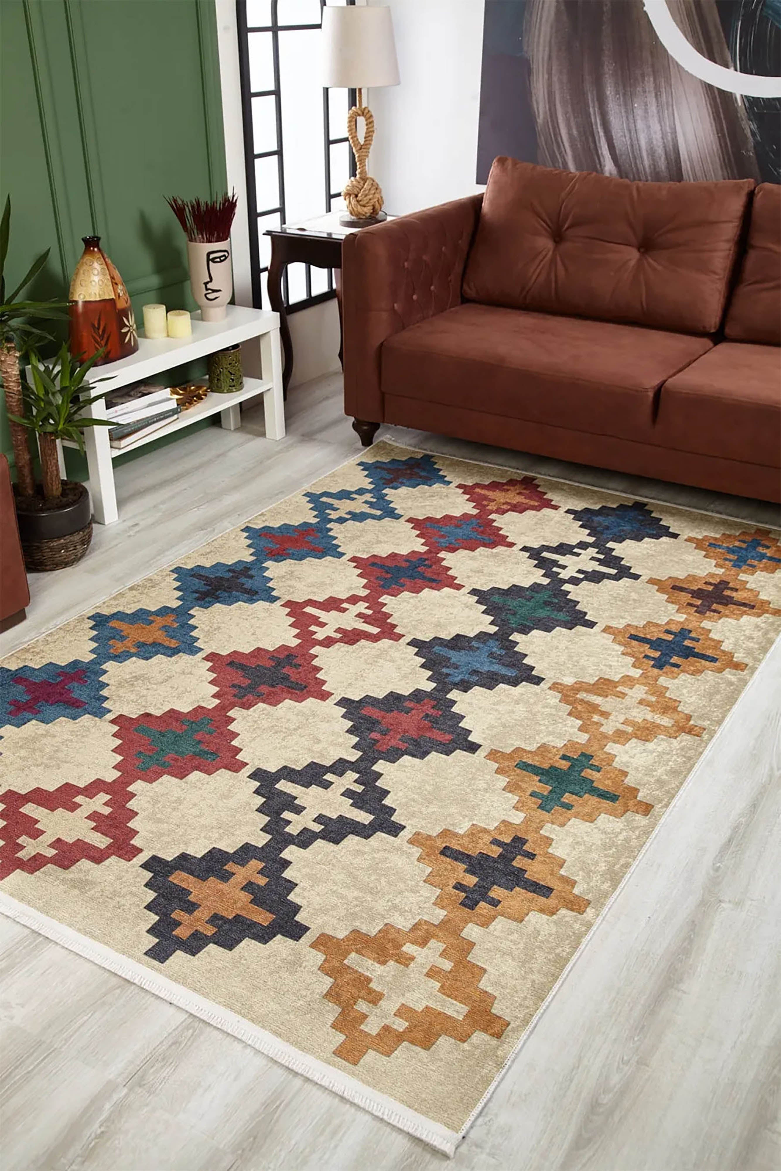 Kilim Halı | Bej Zeminli Çok Renkli Etnik Desenli | Bohem Tarzı