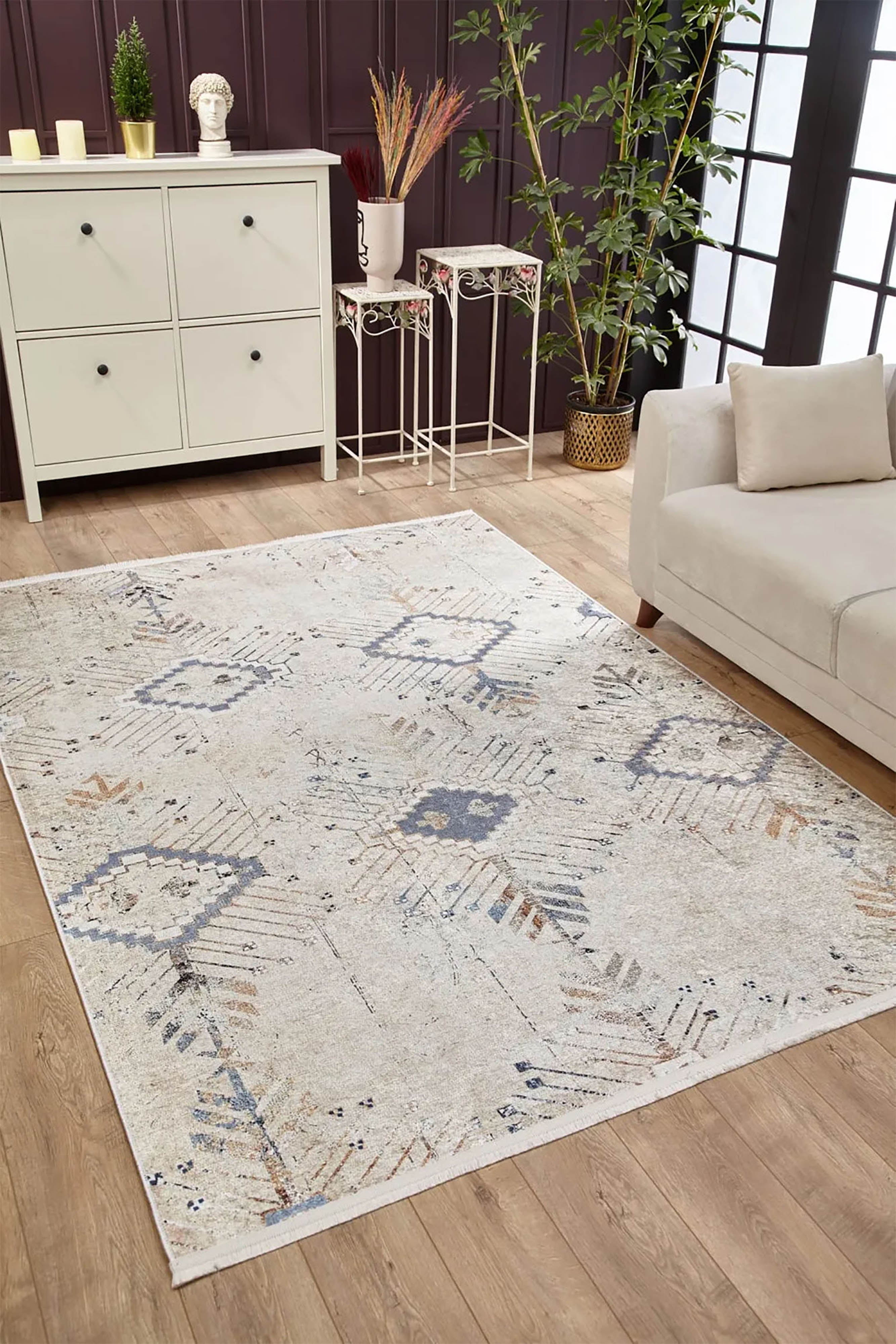 Eskitme Halı | Soft Bohem Geometrik Desenli | Krem & Soluk Mavi