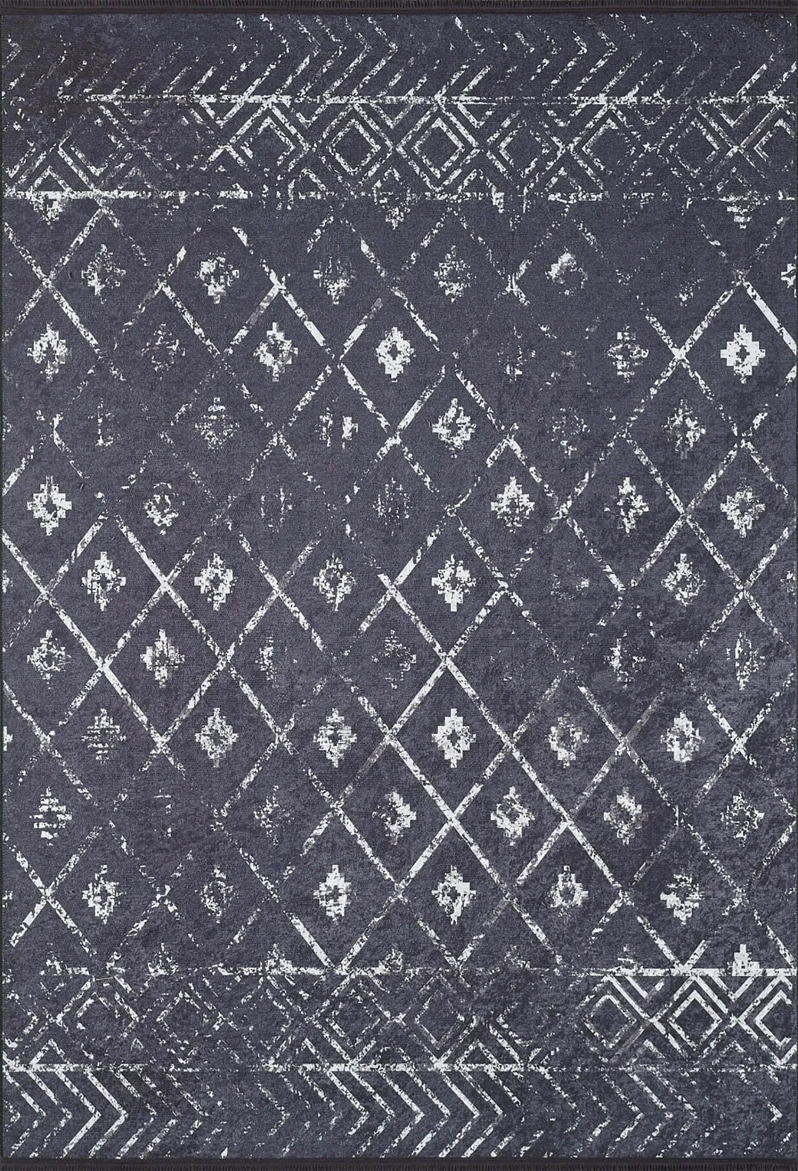 Siyah Gri Geometrik Antika Benzersiz Vintage Halı - Pera Halı