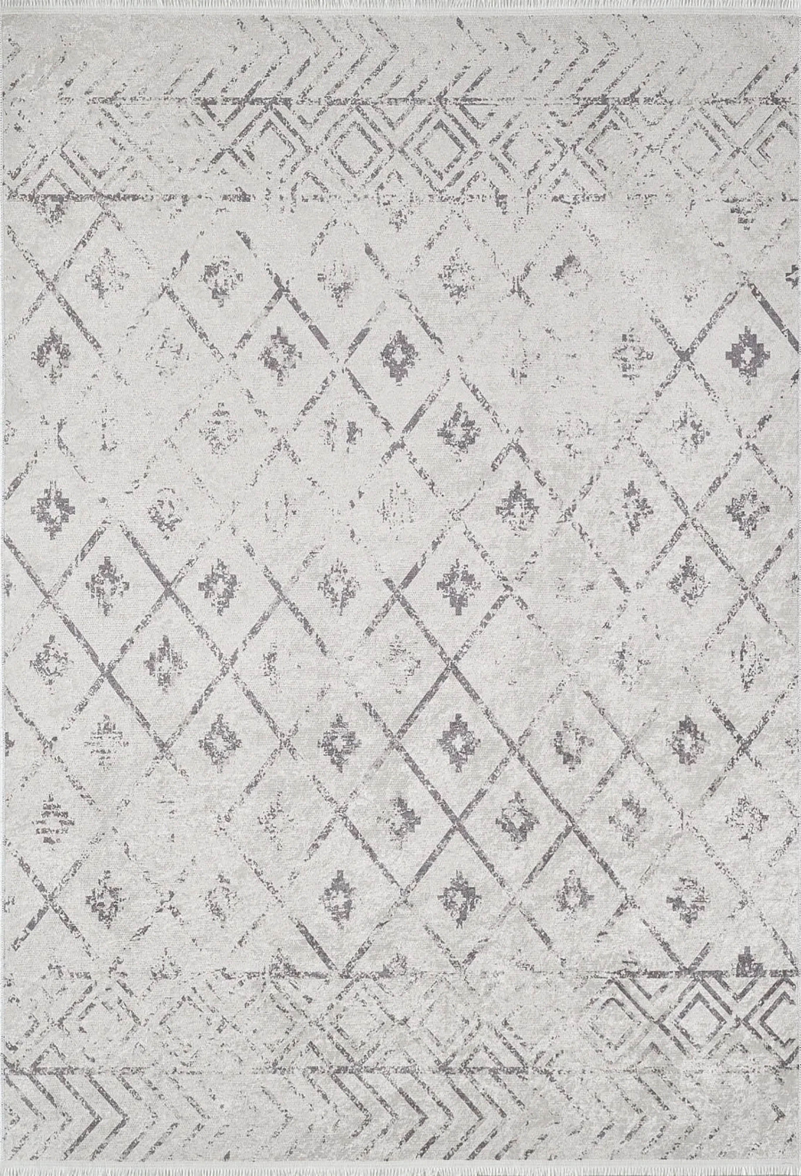 Beyaz Gri Geometrik Antika Benzersiz Vintage Halı - Pera Halı