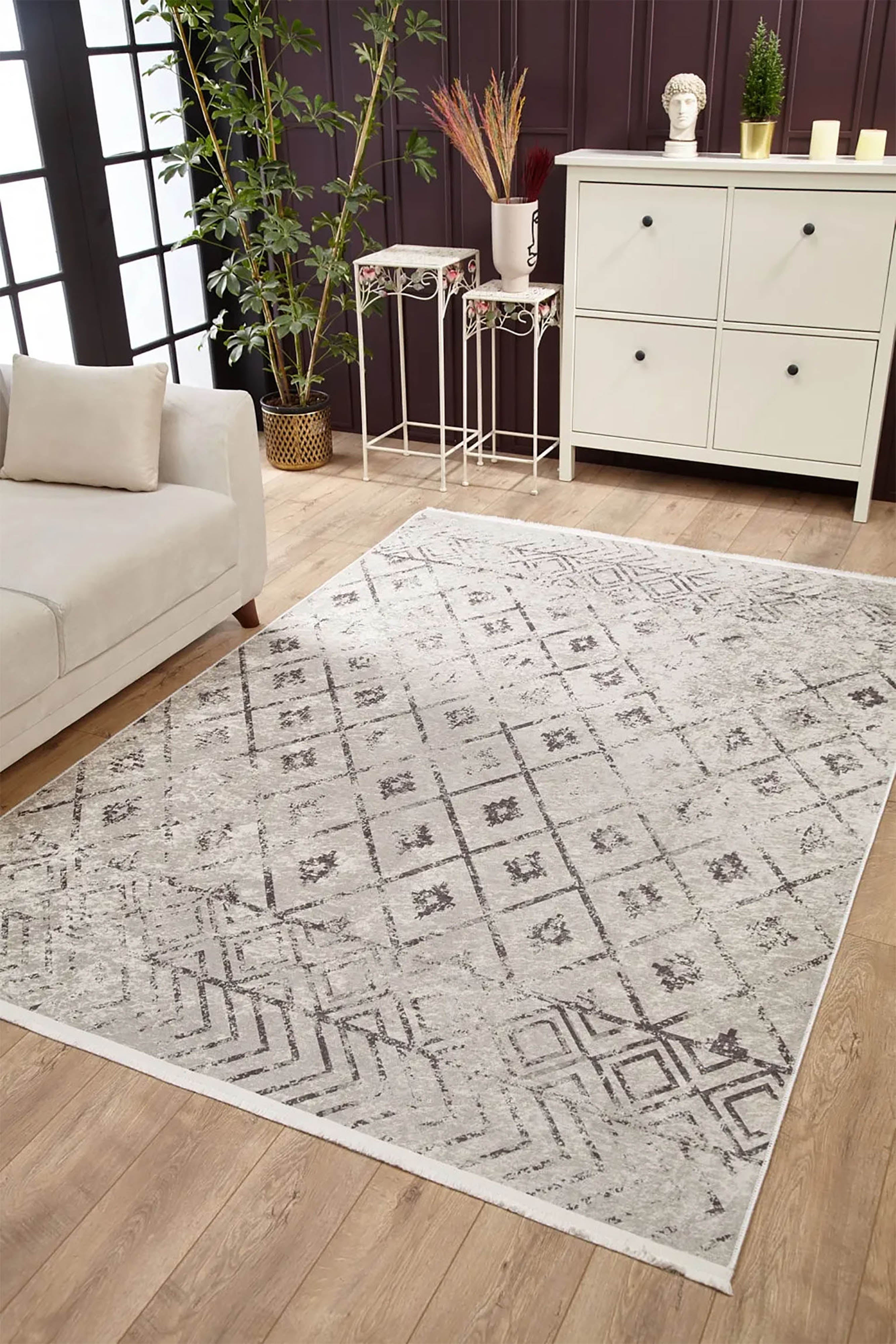 Beyaz Gri Geometrik Antika Benzersiz Vintage Halı - Pera Halı