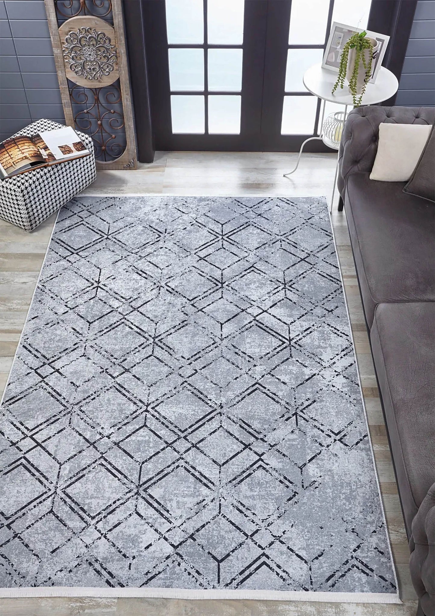 Gri Geometrik Vintage Antika Halı - Pera Halı
