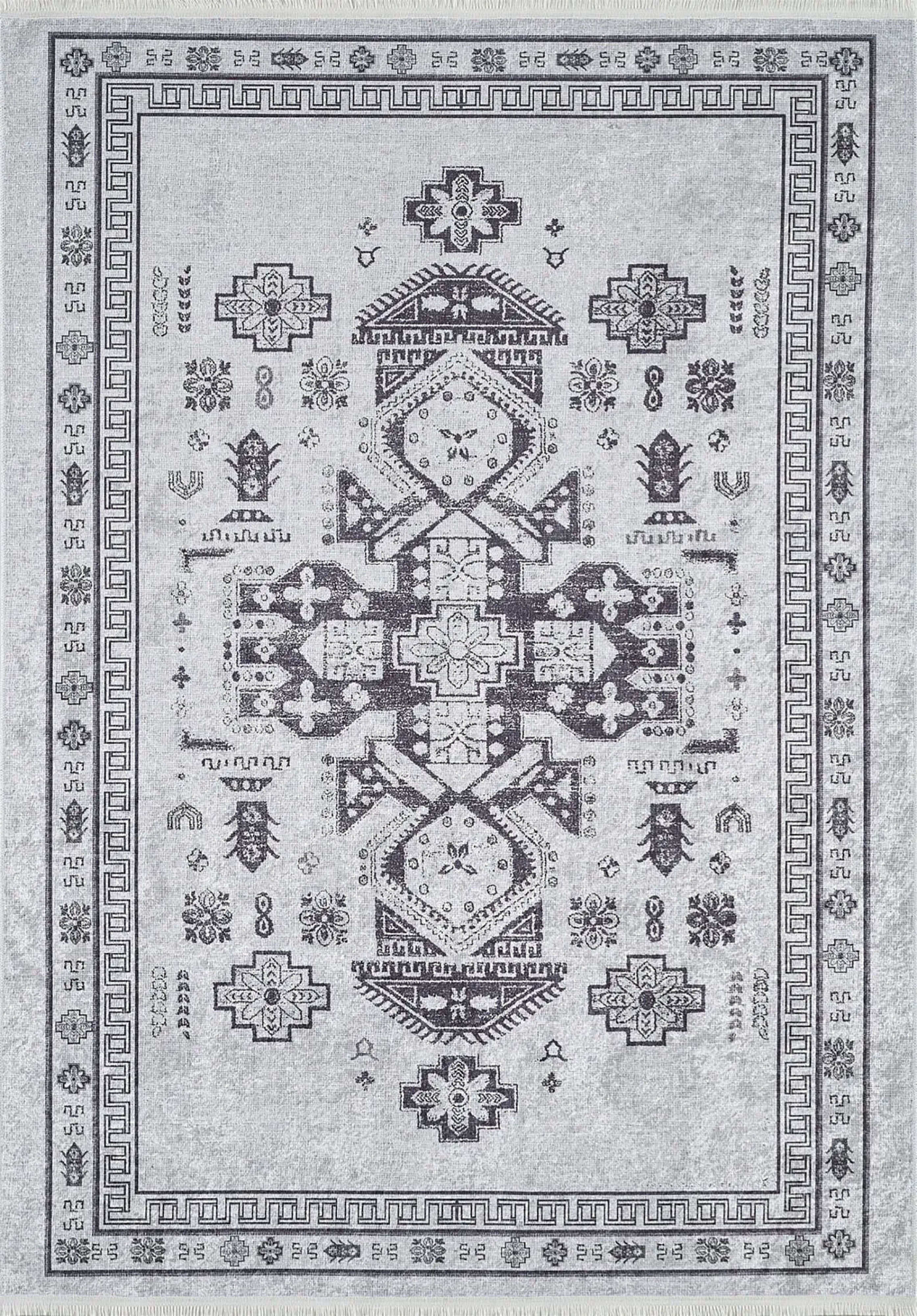 Bej Gri Geometrik Oryantal Madalyon Halı - Pera Halı