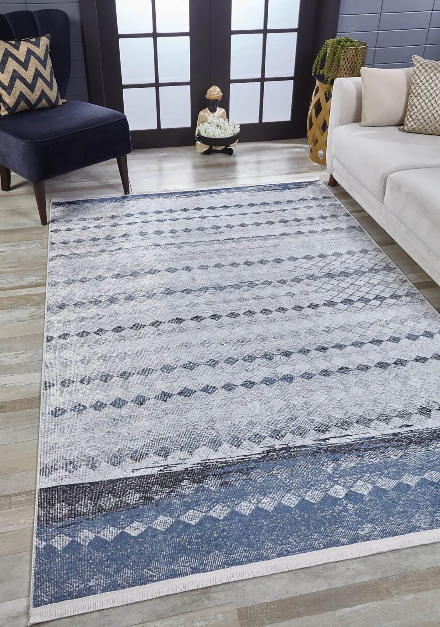 Gri Mavi Geometrik Antik Vintage Halı - Pera Halı