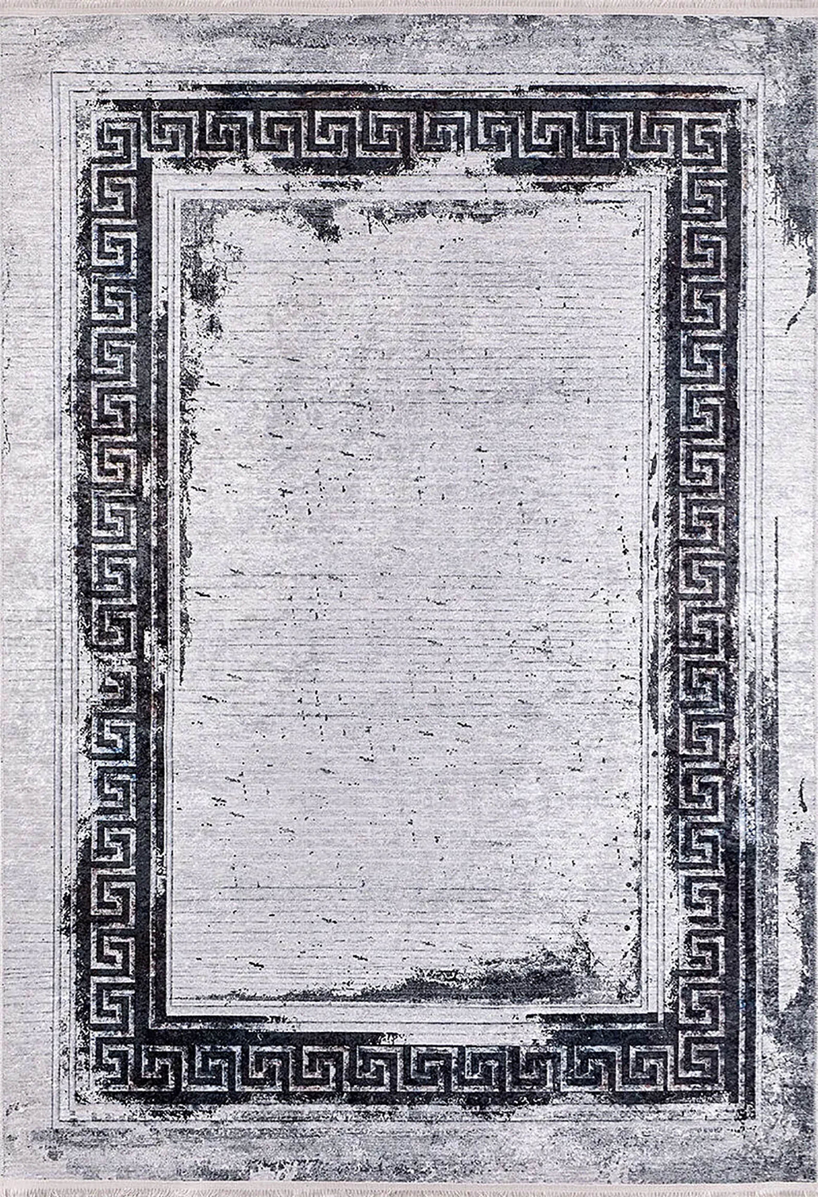 Modern Halı | Yunan Anahtarı (Greek Key) Bordürlü | Siyah Beyaz Eskitme