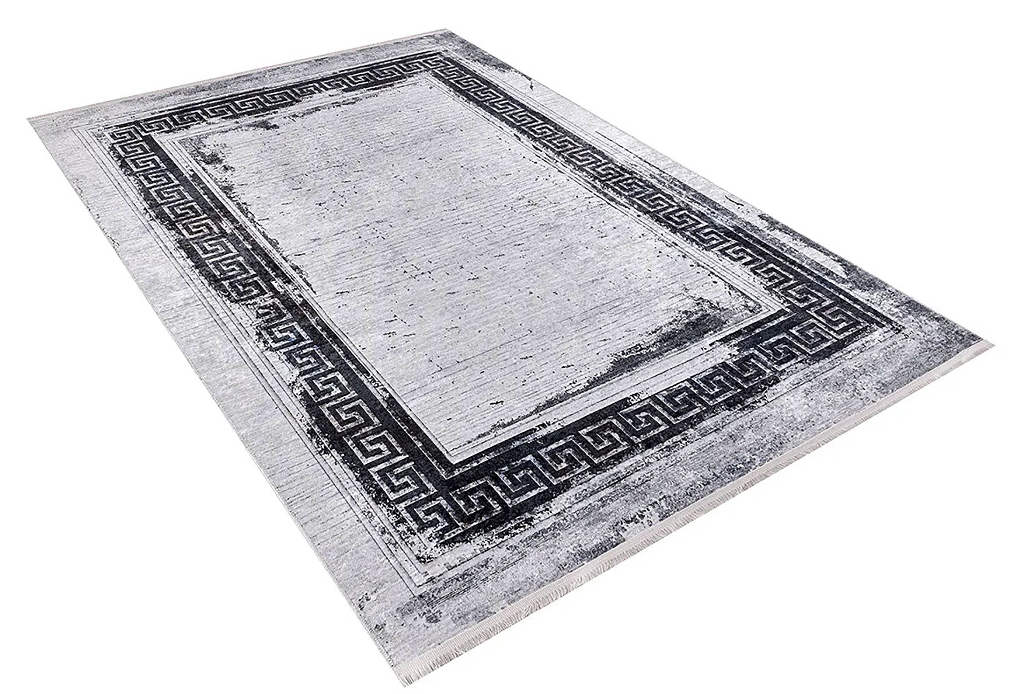 Modern Halı | Yunan Anahtarı (Greek Key) Bordürlü | Siyah Beyaz Eskitme