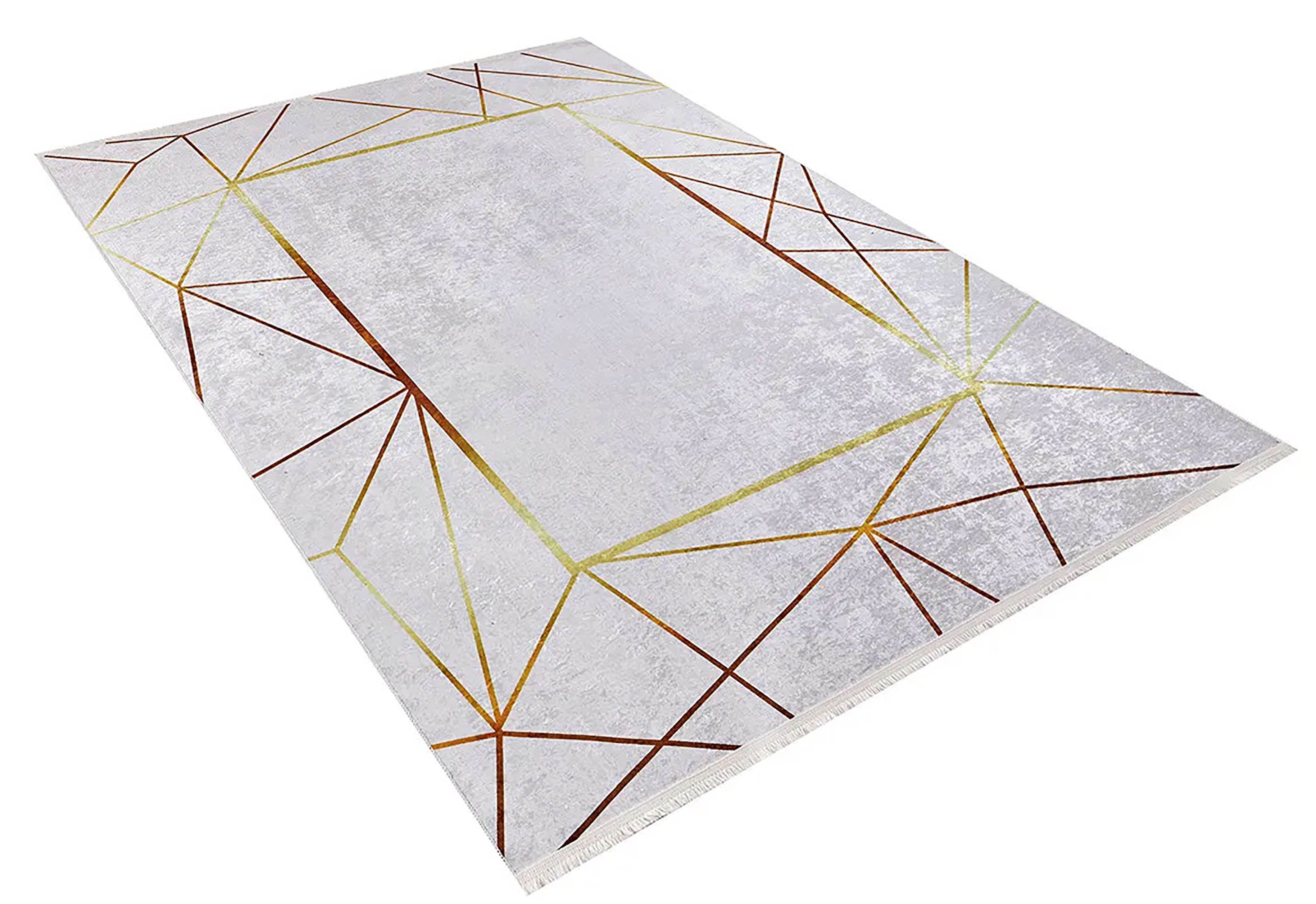 Minimalist Geometrik Çizgili Açık Gri ve Altın Detaylı Halı