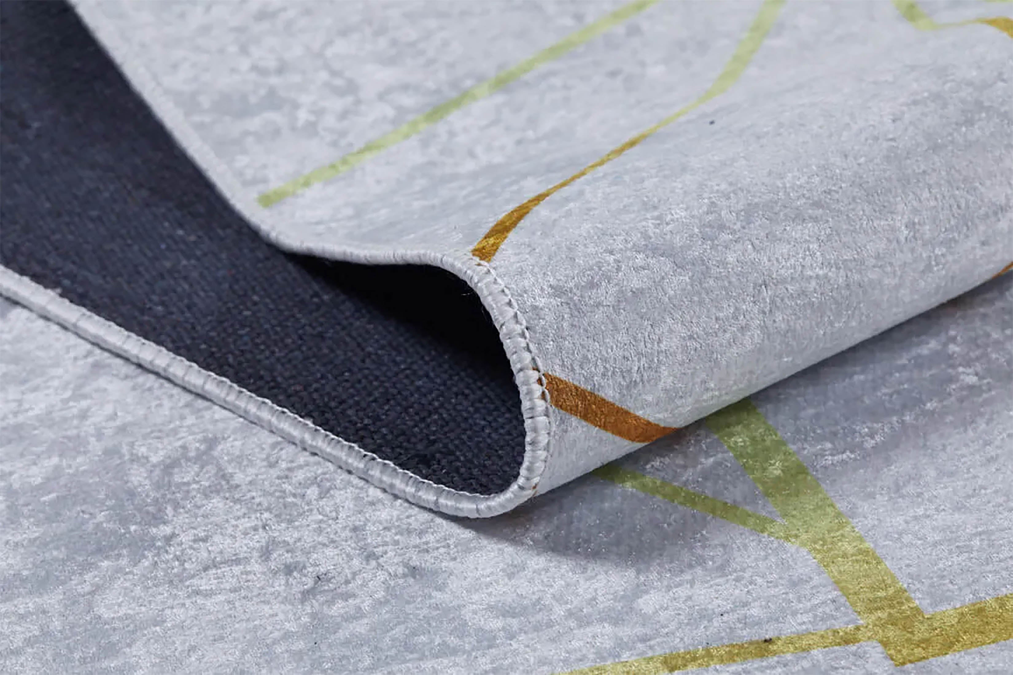 Minimalist Geometrik Çizgili Açık Gri ve Altın Detaylı Halı