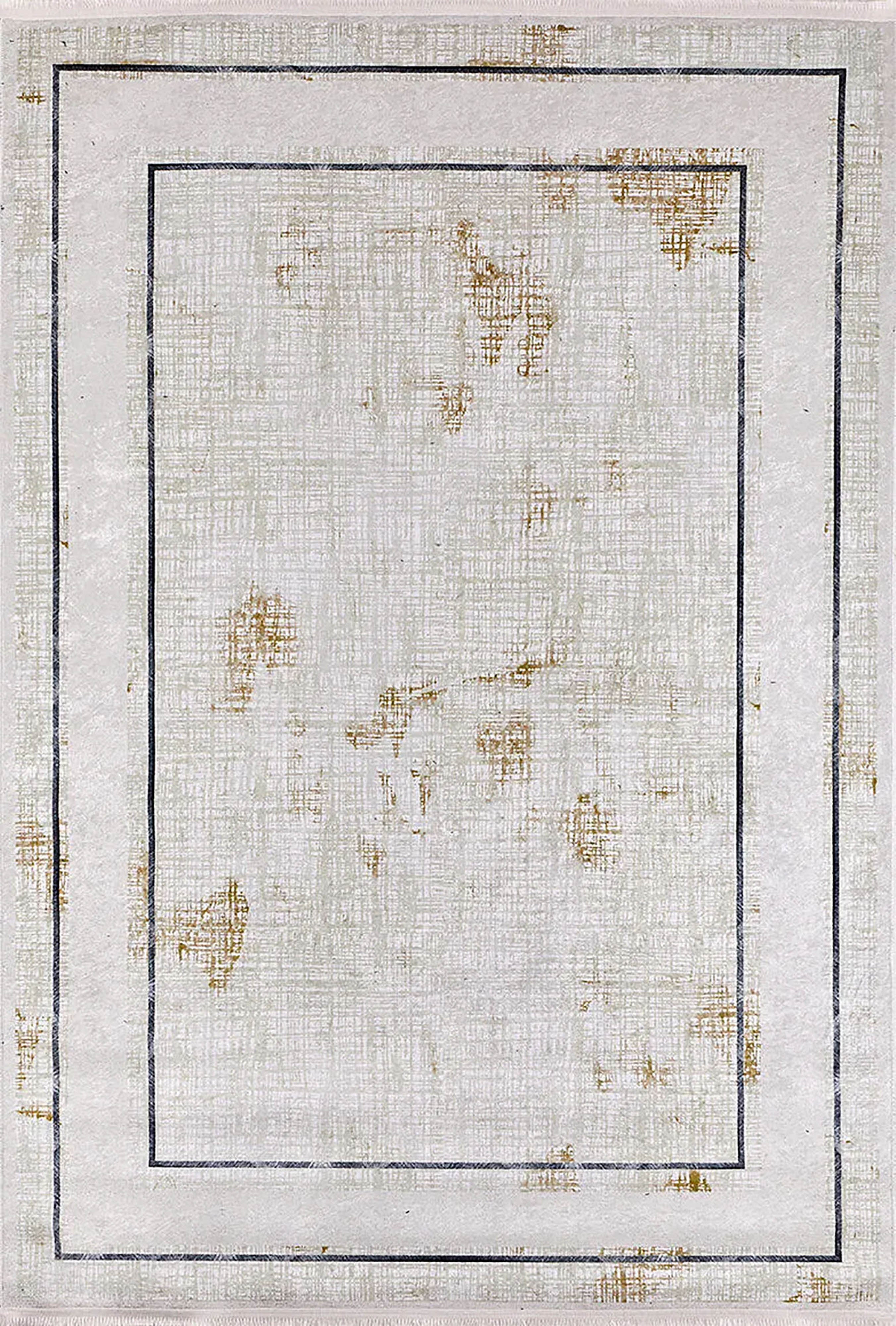 Krem Bordürlü Eskitme Desenli Modern Yıkanabilir Halı