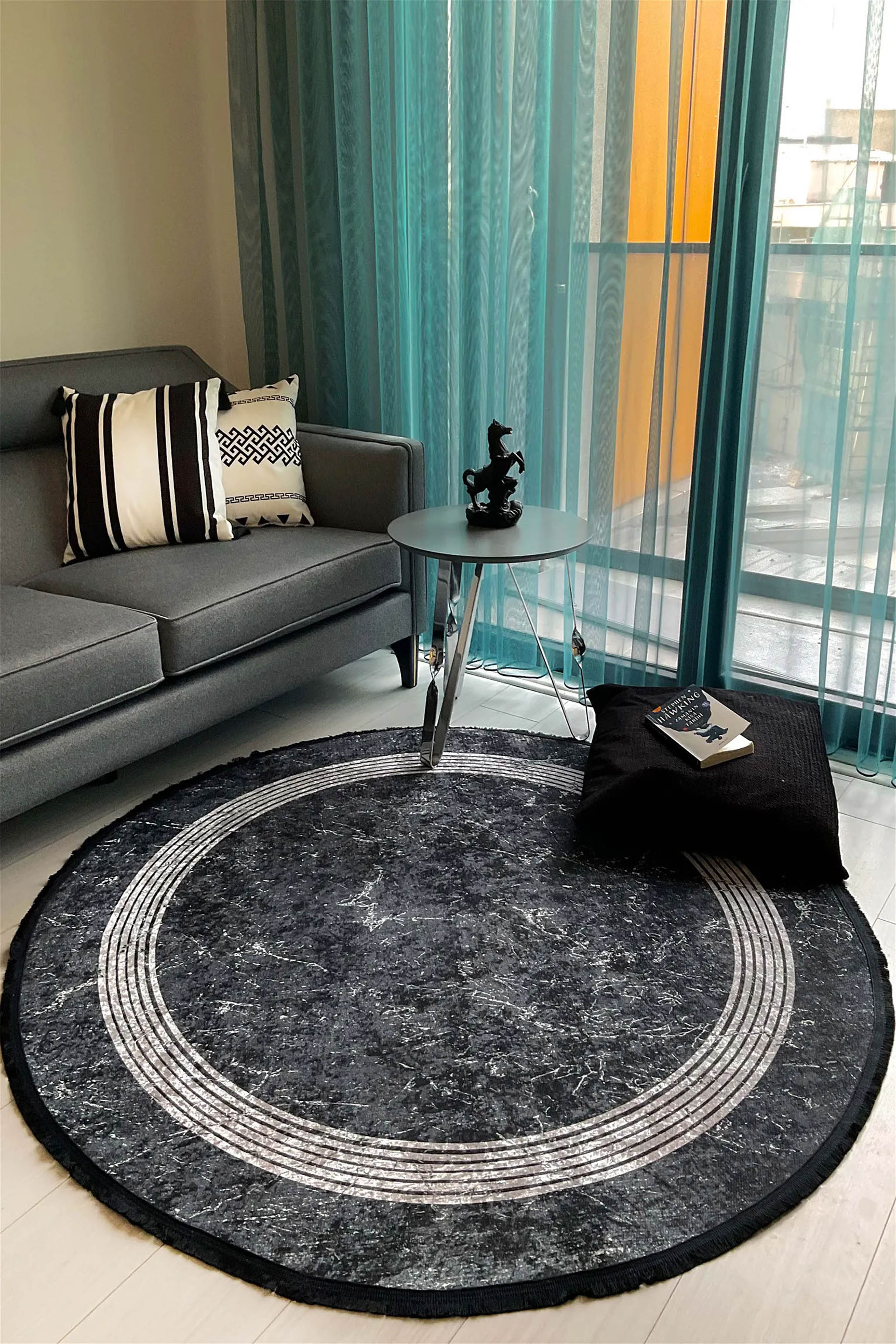 Modern Black Carpet with Marble Pattern