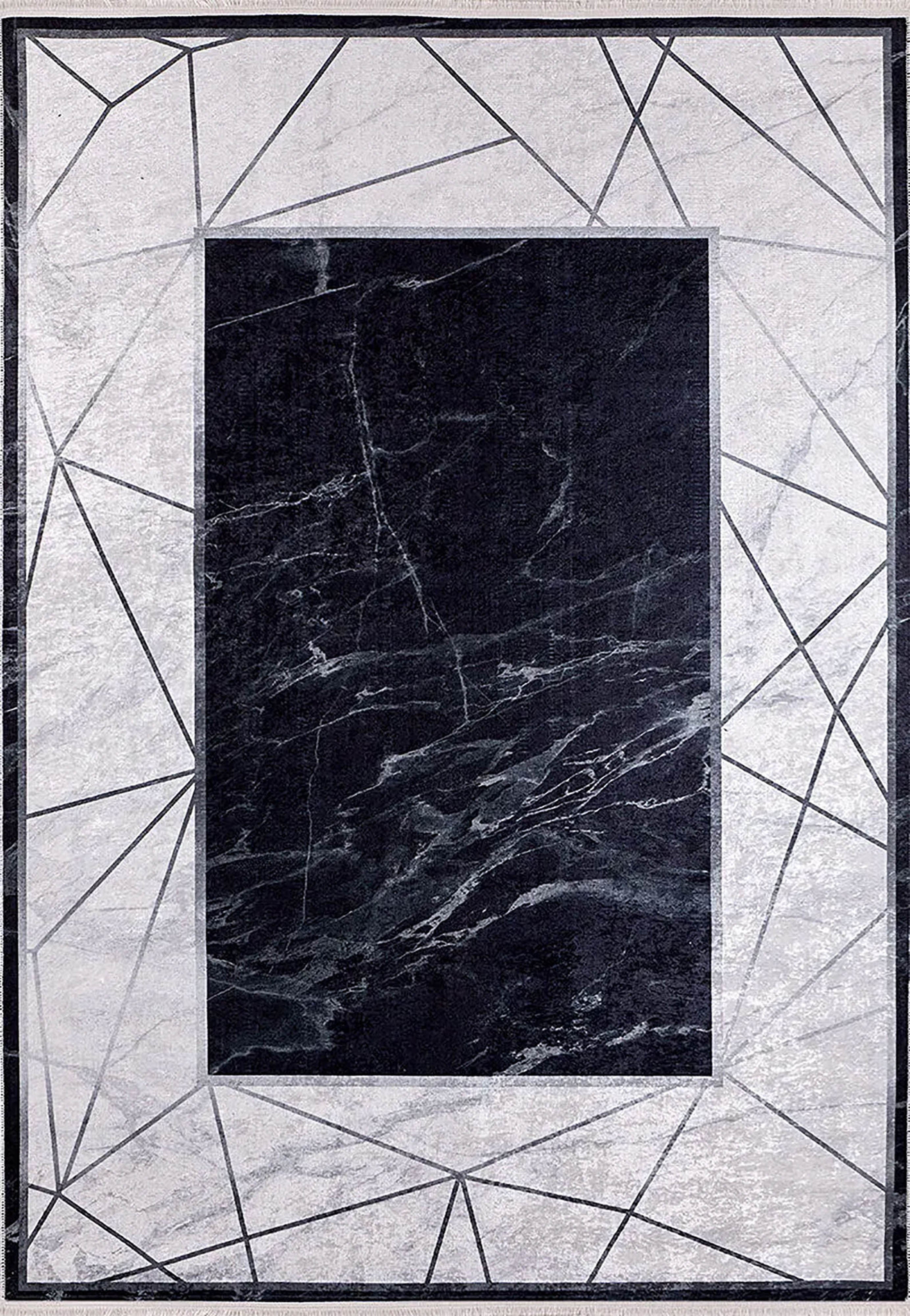 Siyah Gri Mermer Desenli Geometrik Bordürlü Modern Yıkanabilir Halı