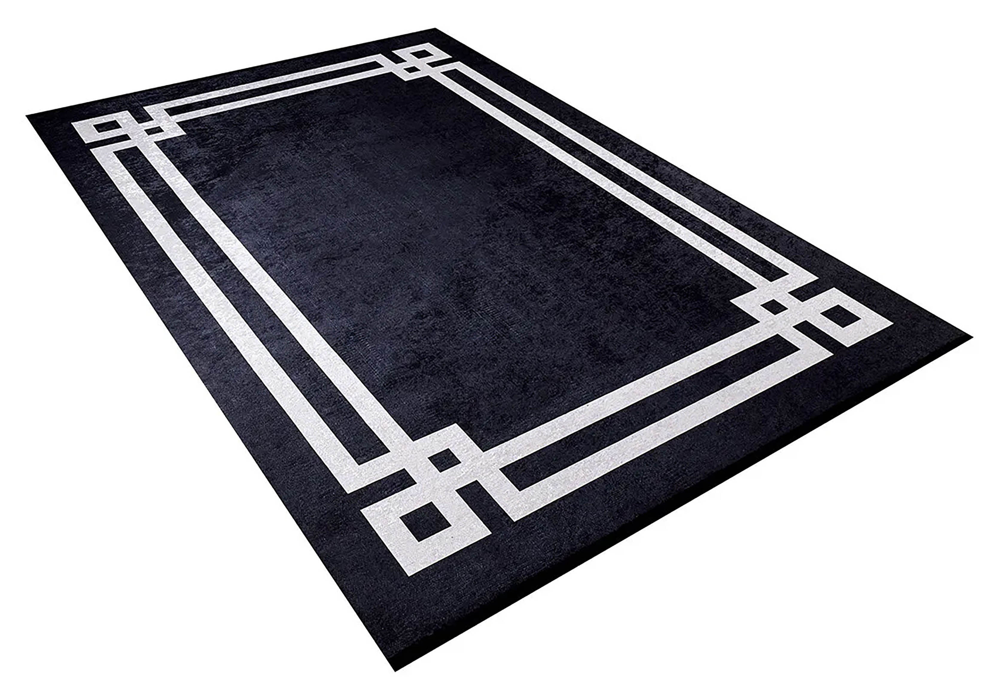 Modern Halı | Siyah Zeminli Beyaz Art Deco Bordürlü