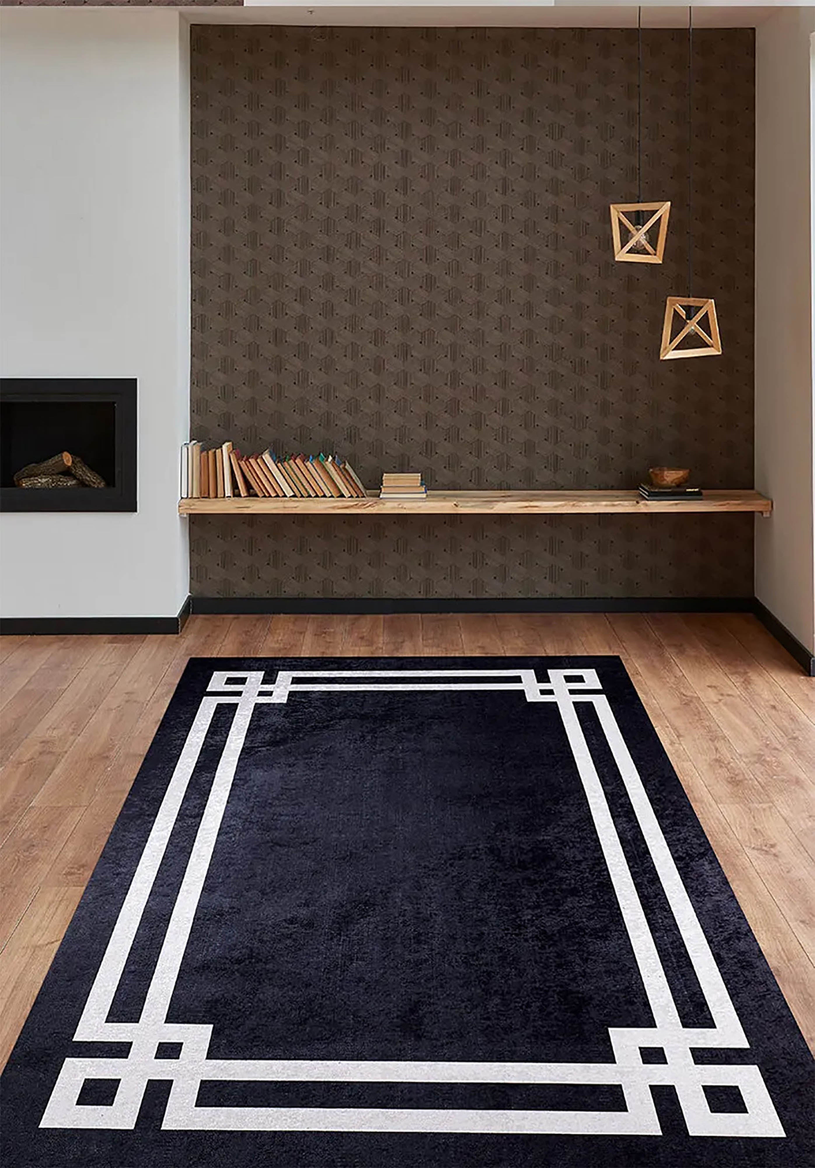 Modern Halı | Siyah Zeminli Beyaz Art Deco Bordürlü