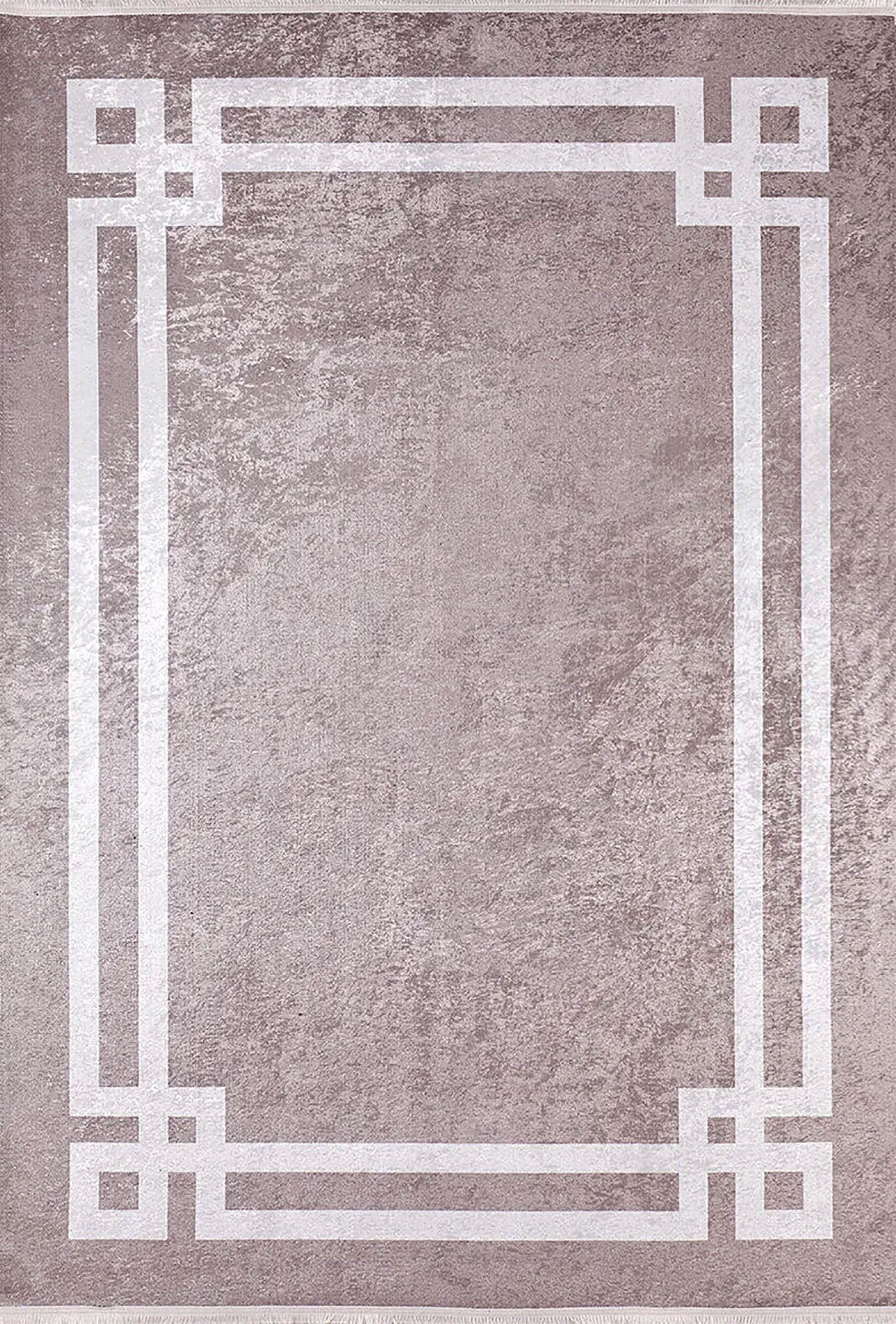 Modern Halı | Toz Pembe Zeminli Beyaz Art Deco Bordürlü | Şık ve Geometrik