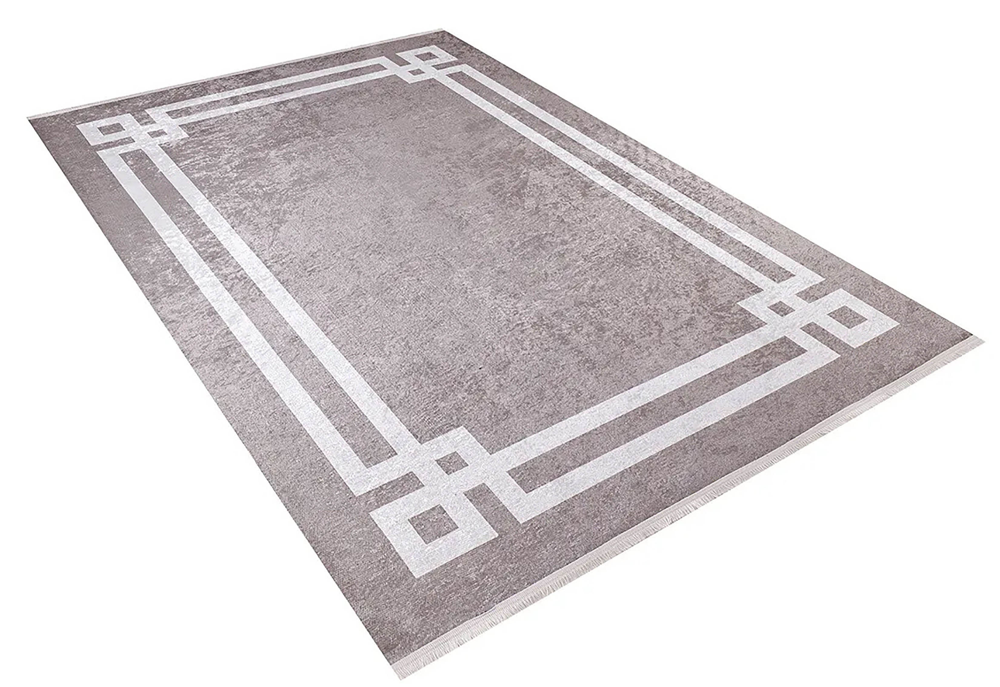 Modern Halı | Toz Pembe Zeminli Beyaz Art Deco Bordürlü | Şık ve Geometrik