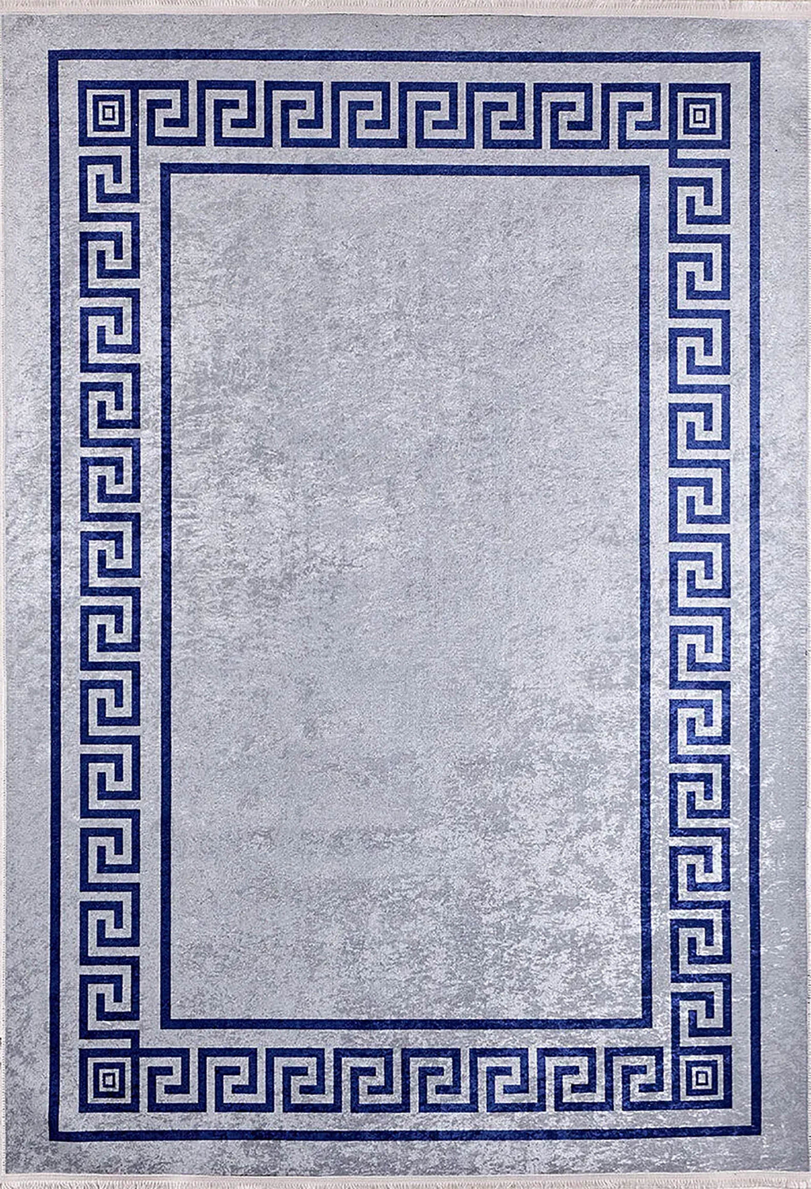 Mermer Desenli Mavi Gri Geometrik Bordürlü Halı - Pera Halı