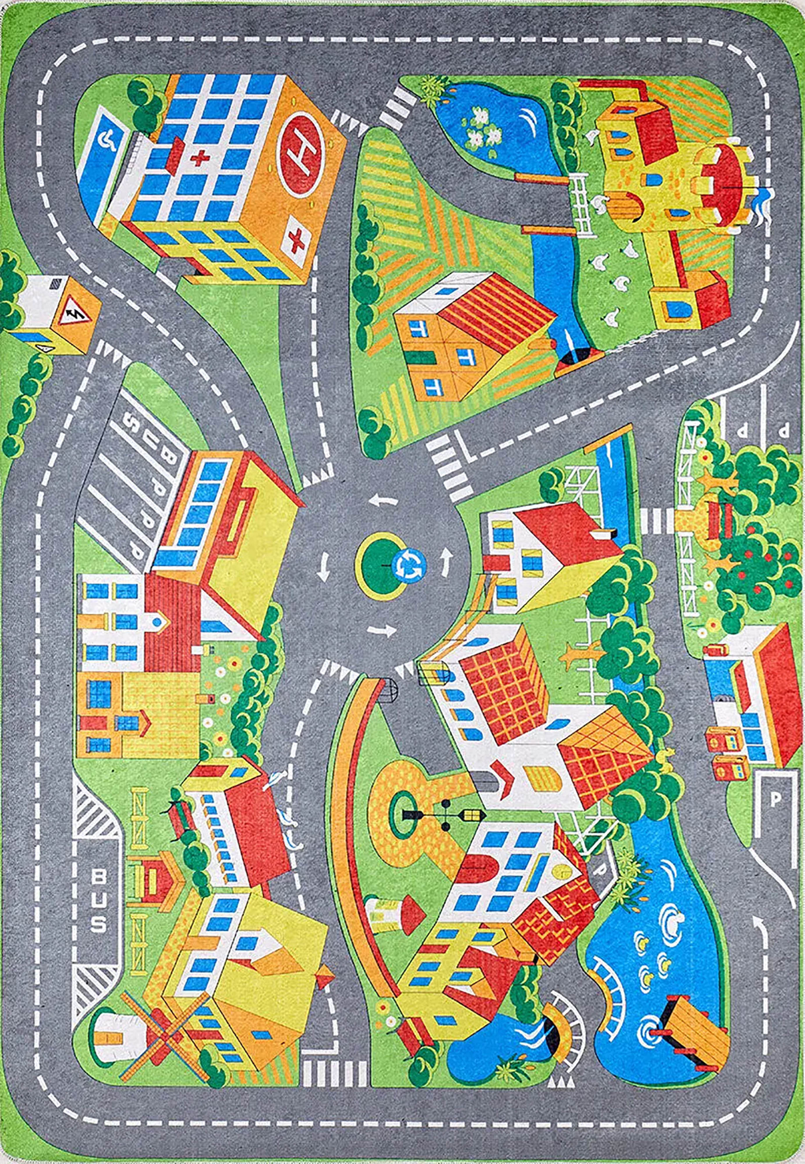 Renkli Şehir ve Yol Desenli Çocuk Halısı – Yıkanabilir