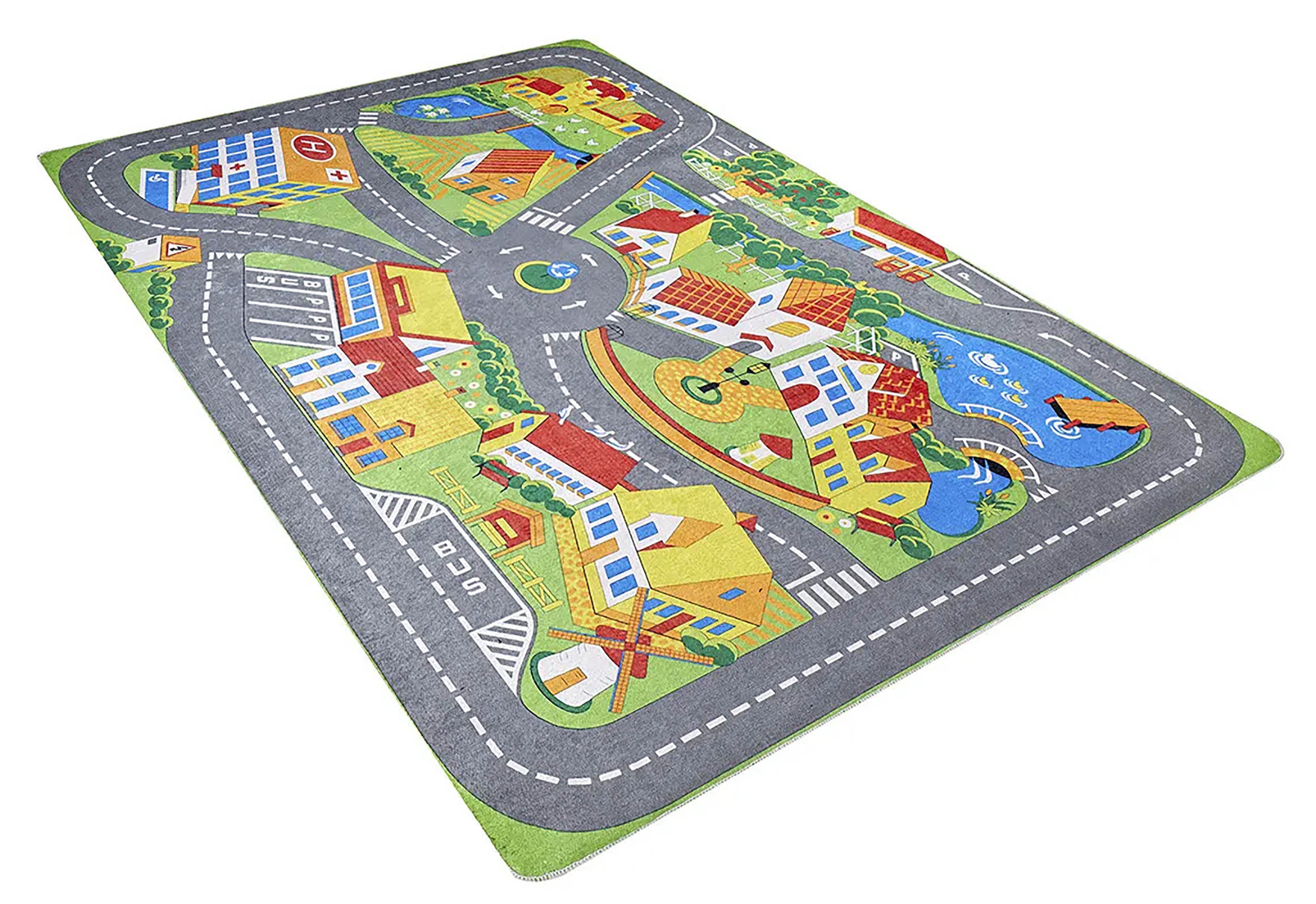Renkli Şehir ve Yol Desenli Çocuk Halısı – Yıkanabilir