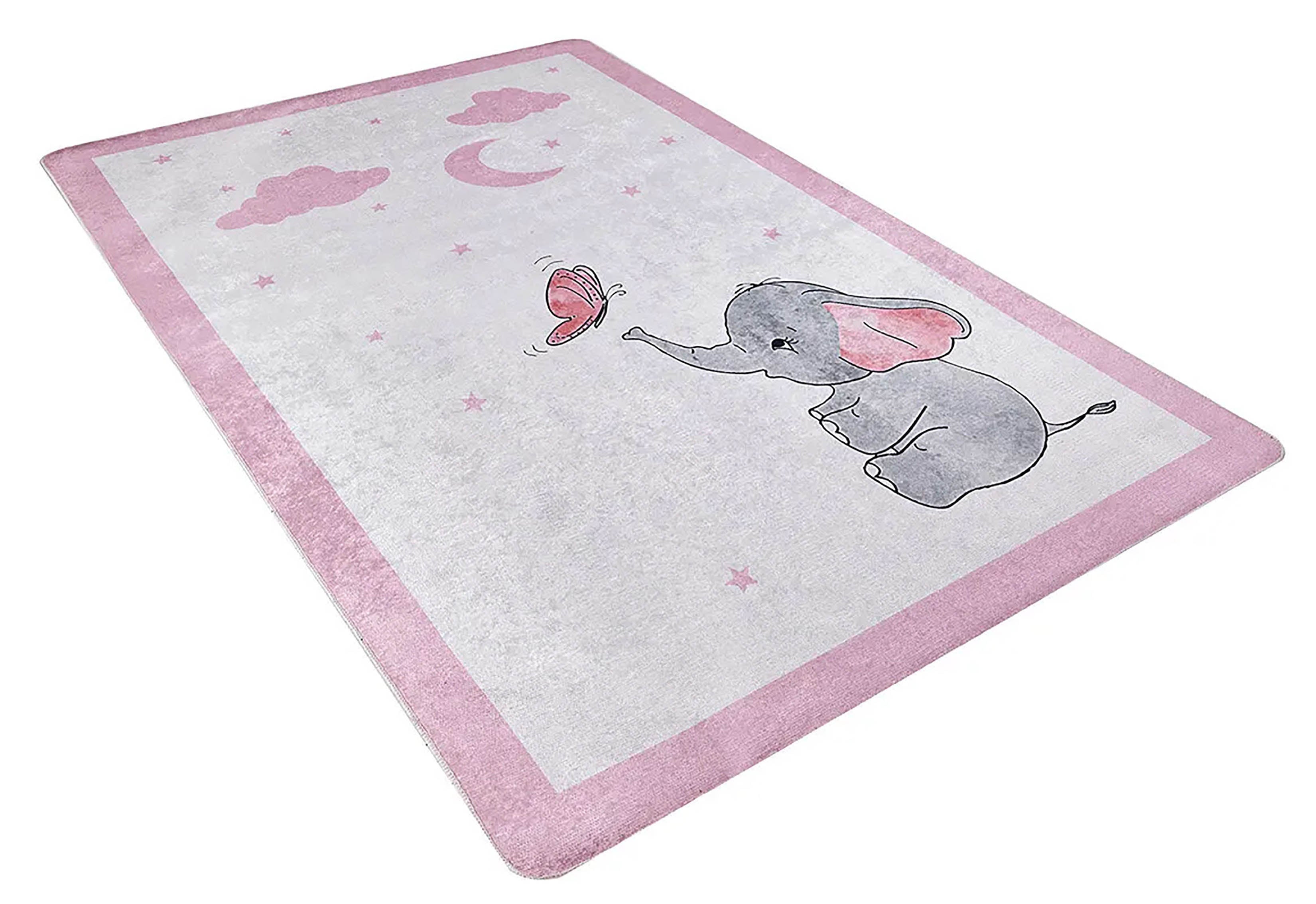 Pembe Ay ve Fil Desenli Çocuk Halısı – Yıkanabilir