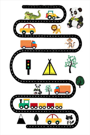 Hayvan Figürlü Renkli Yol Desenli Çocuk Halısı – Oyun ve Eğlence için Yıkanabilir