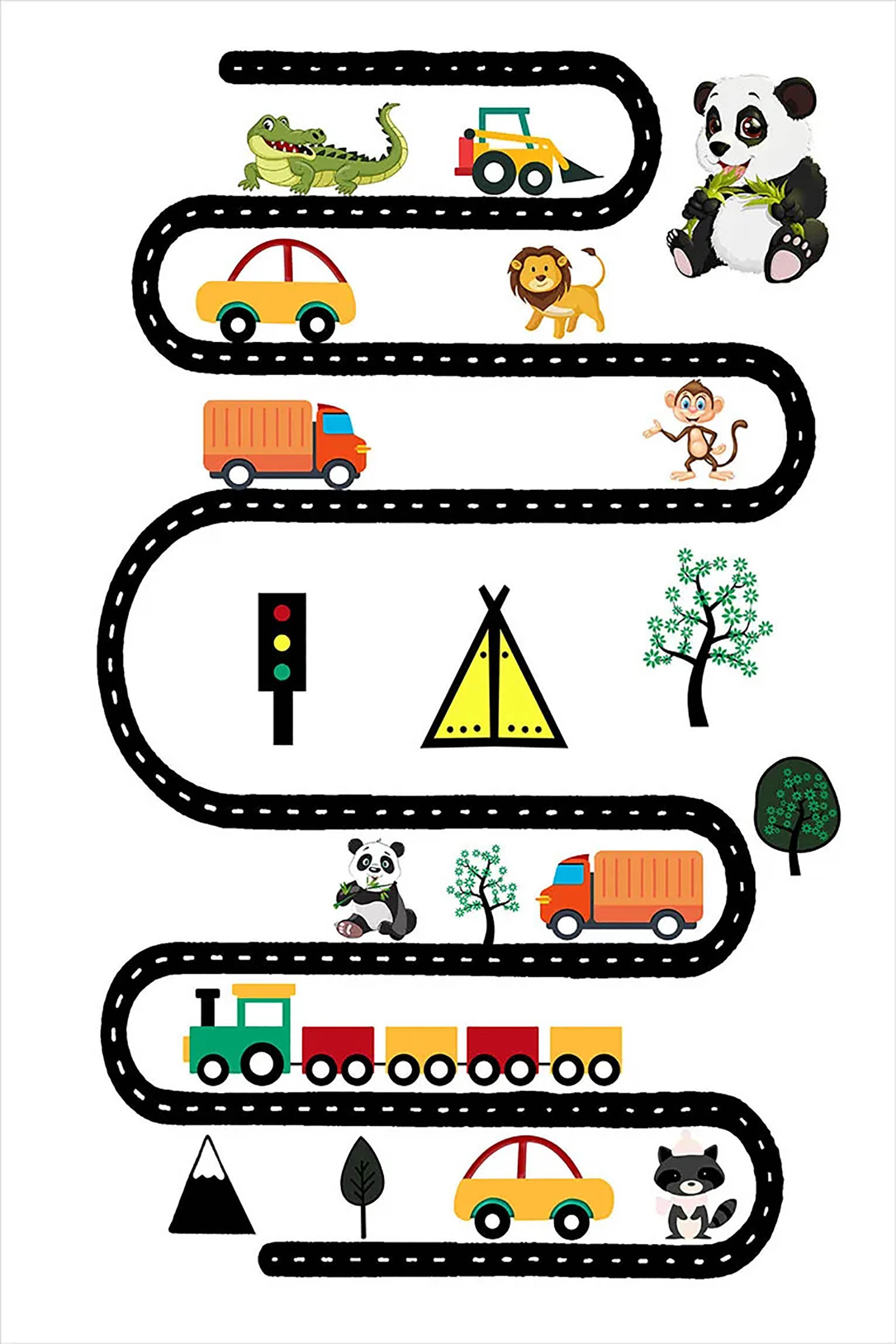 Hayvan Figürlü Renkli Yol Desenli Çocuk Halısı – Oyun ve Eğlence için Yıkanabilir