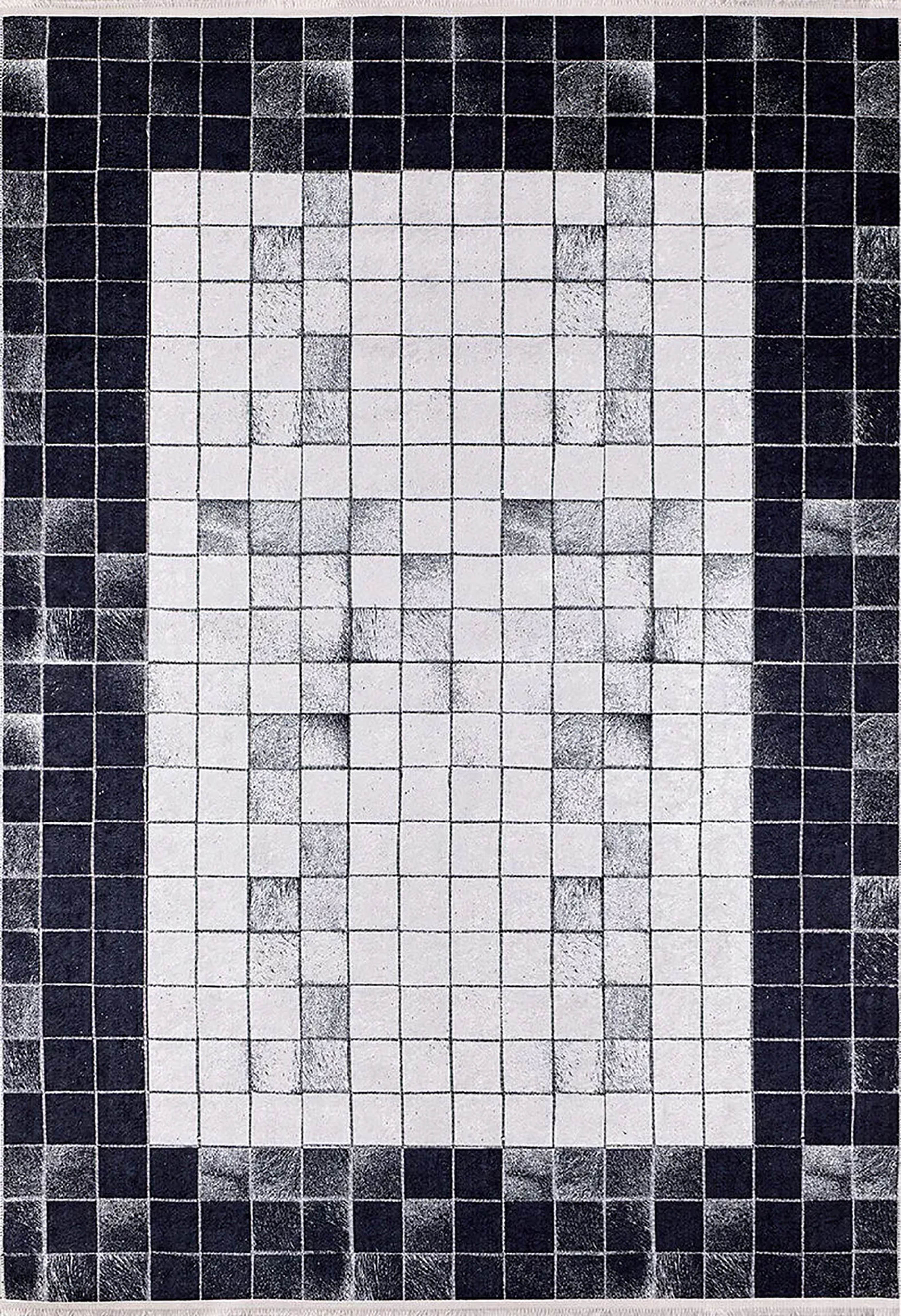 Siyah Beyaz Kareli Deri Görünümlü Geometrik Modern Halı