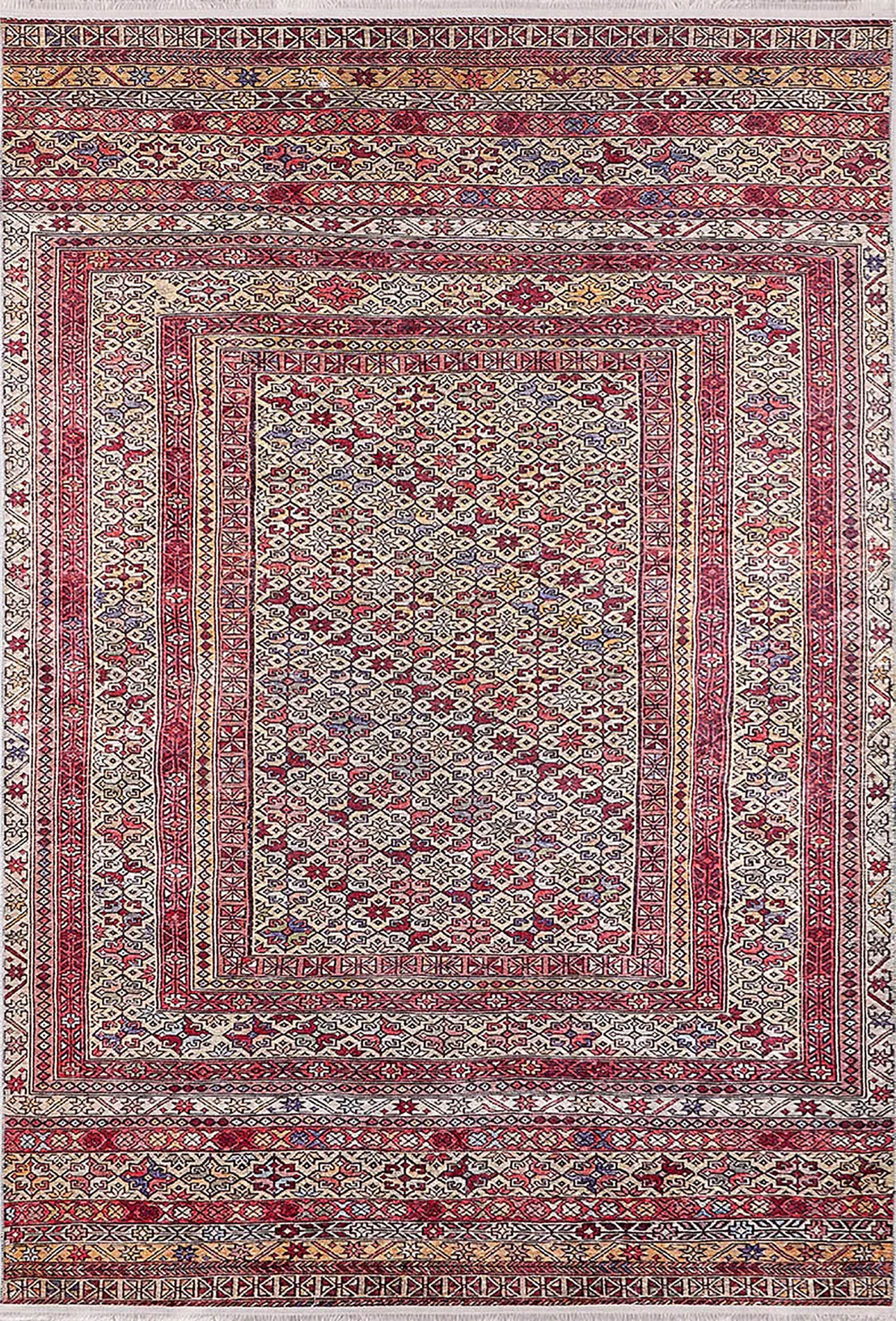 Kırmızı Bej Geleneksel Otantik Desenli Etnik Halı