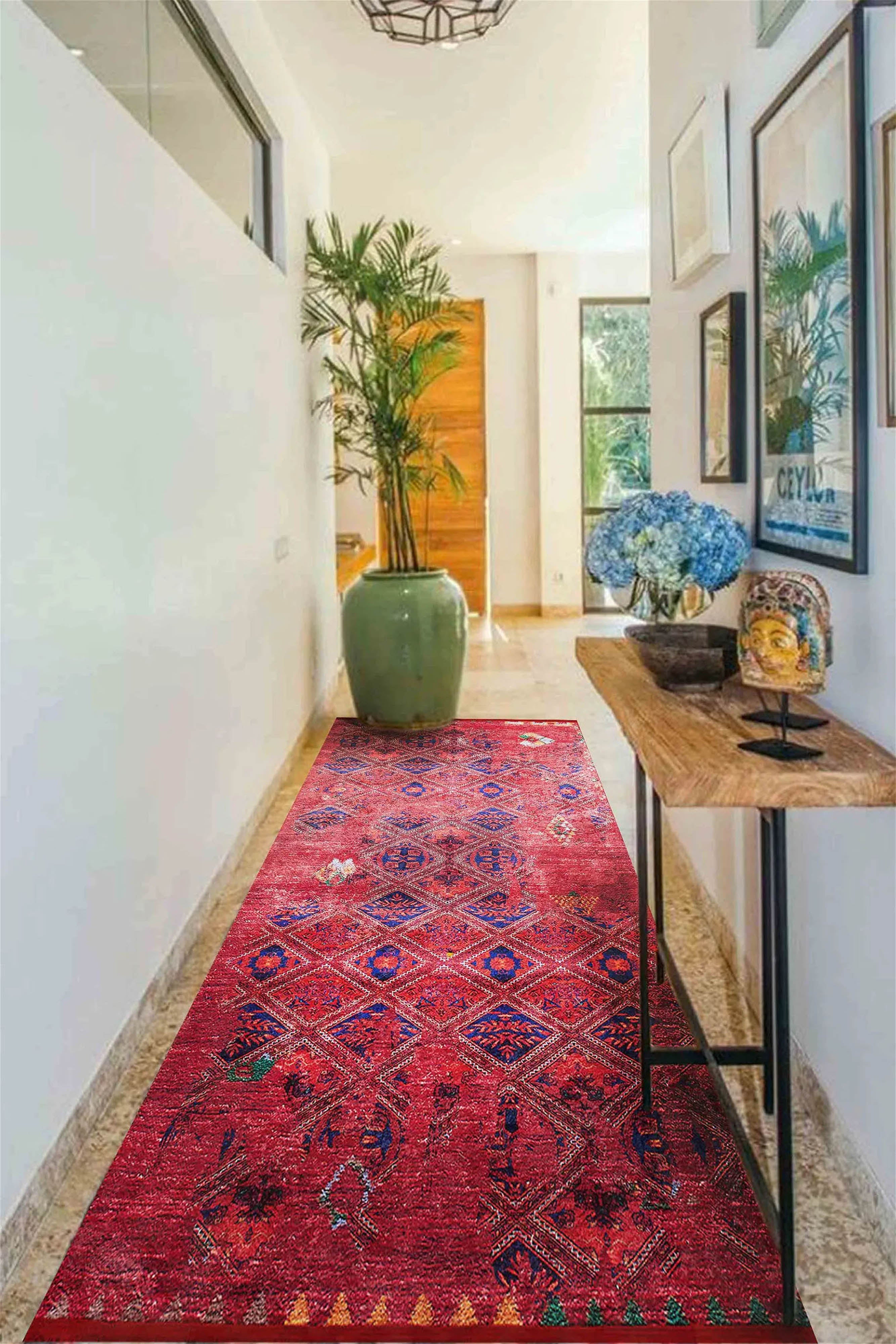 Vintage Kırmızı Geometrik Desenli Kilim Halı