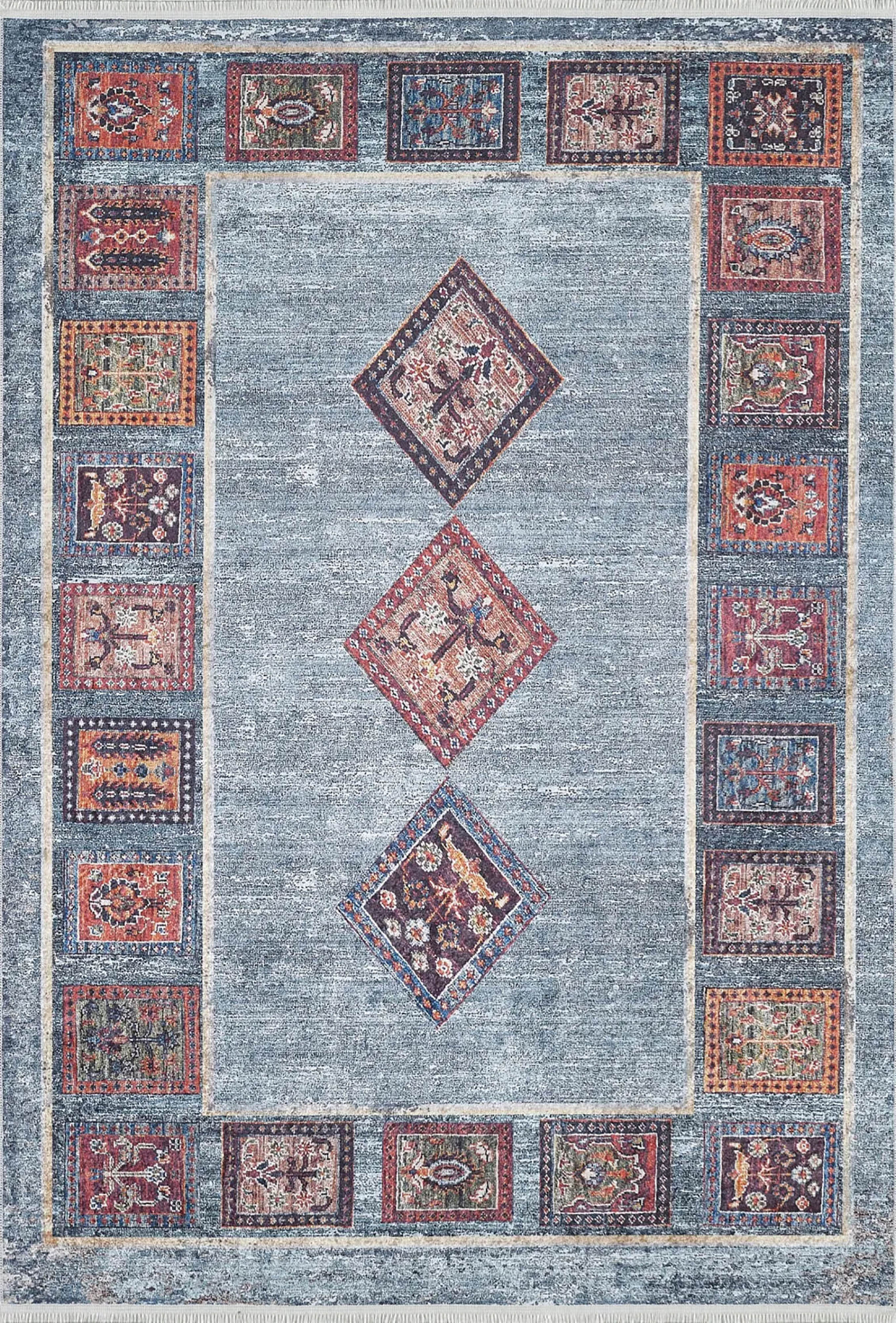 Antik Geometrik Desenli Oryantal Mavi Halı - Pera Halı
