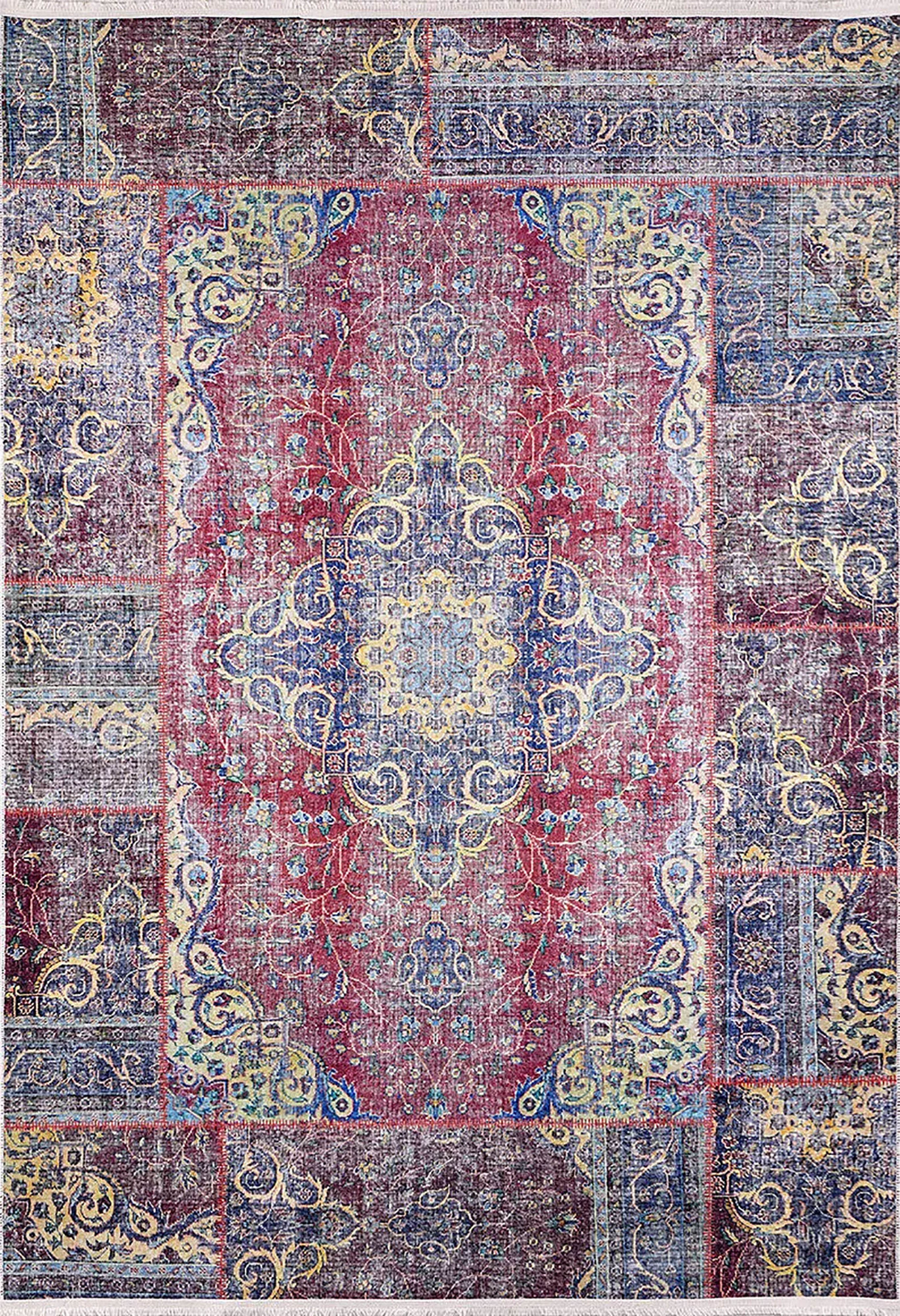 Kırmızı Mavi Patchwork Vintage Eskitme Otantik Salon Halısı