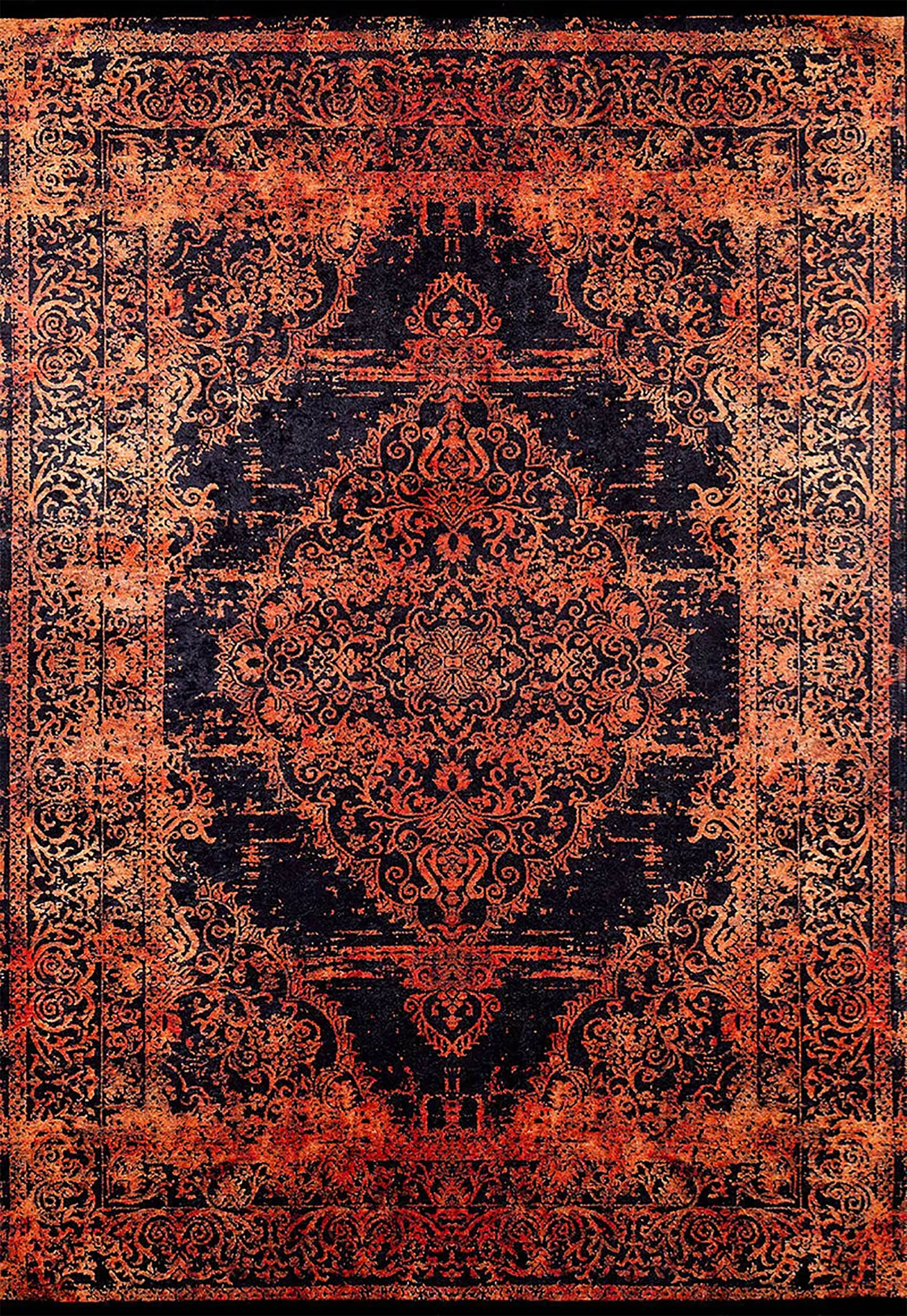 Eskitilmiş Turuncu Siyah Madalyon Halı - Pera Halı