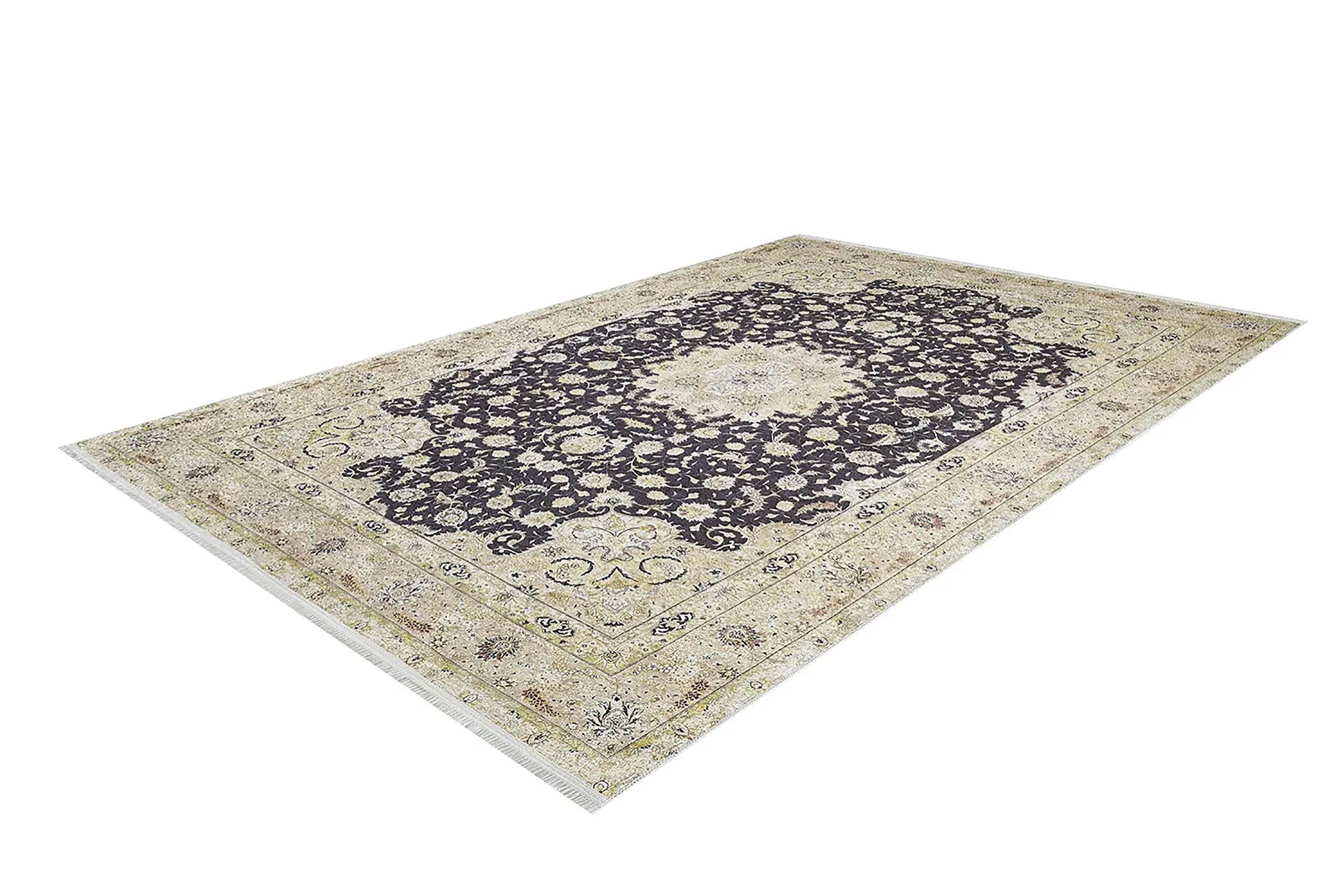 Çiçekli Geleneksel Siyah Bej Vintage Halı - Pera Halı