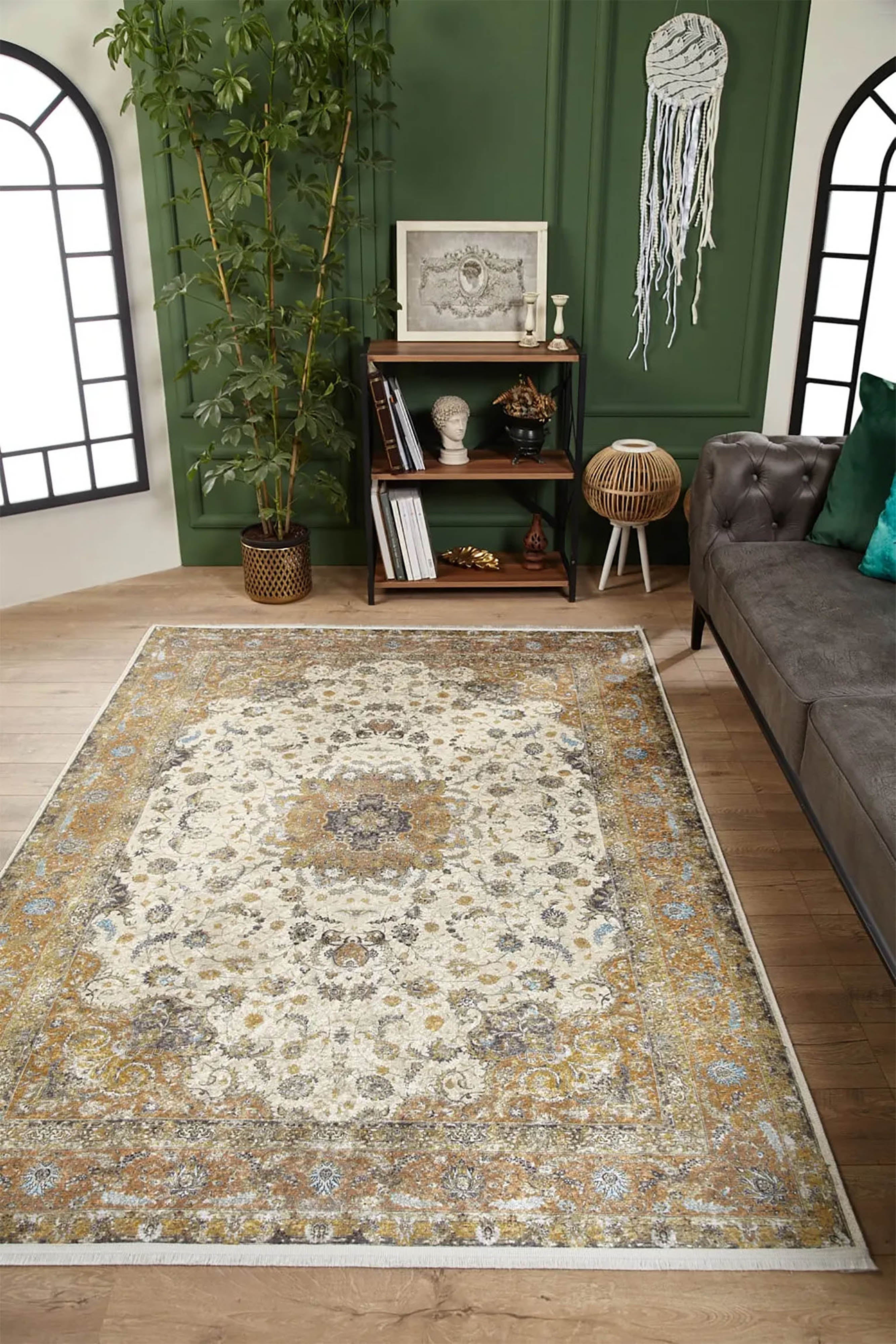 Çiçekli Geleneksel Sarı Vintage Halı - Pera Halı