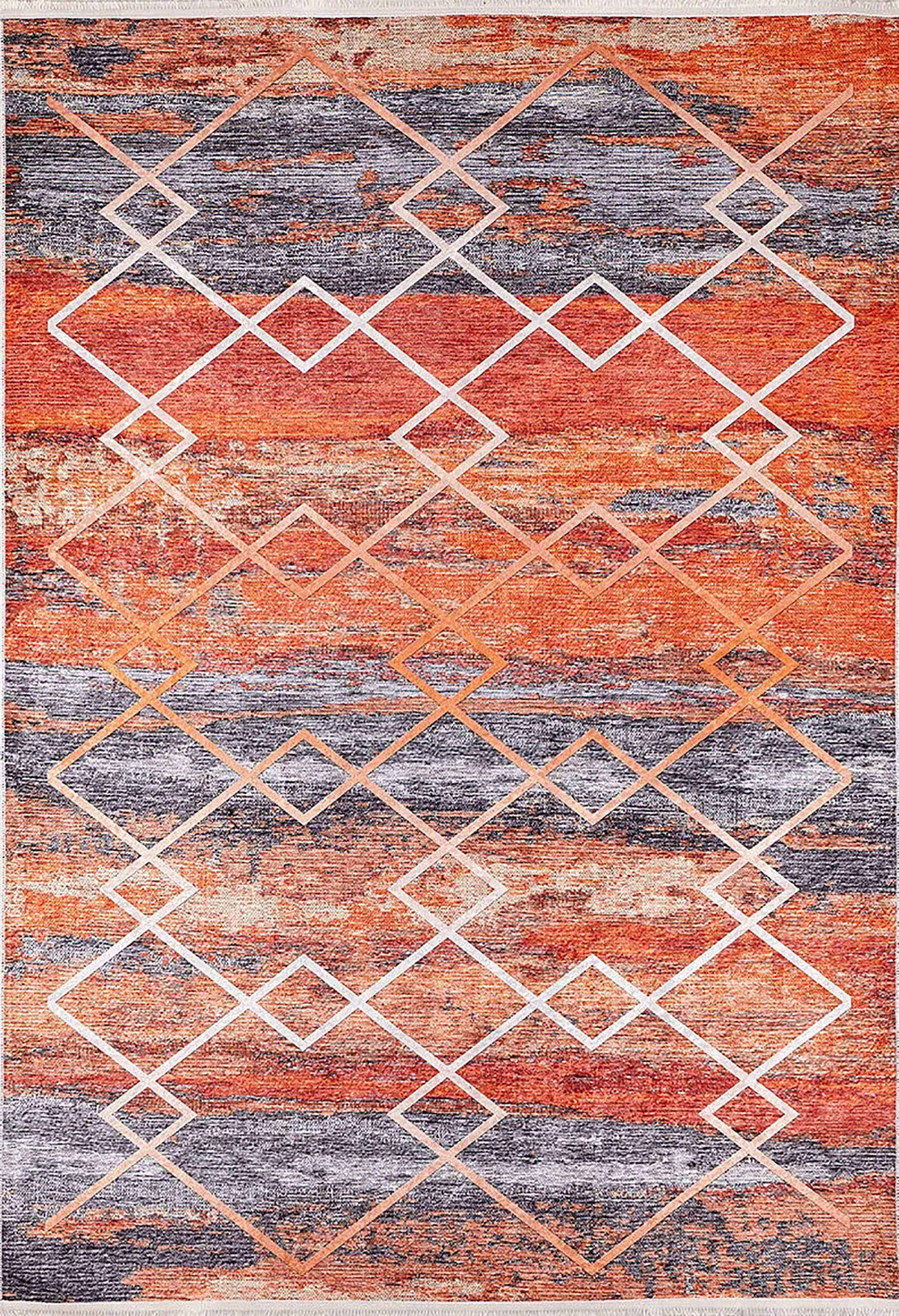 Turuncu Gri Geometrik Modern Desen Halı