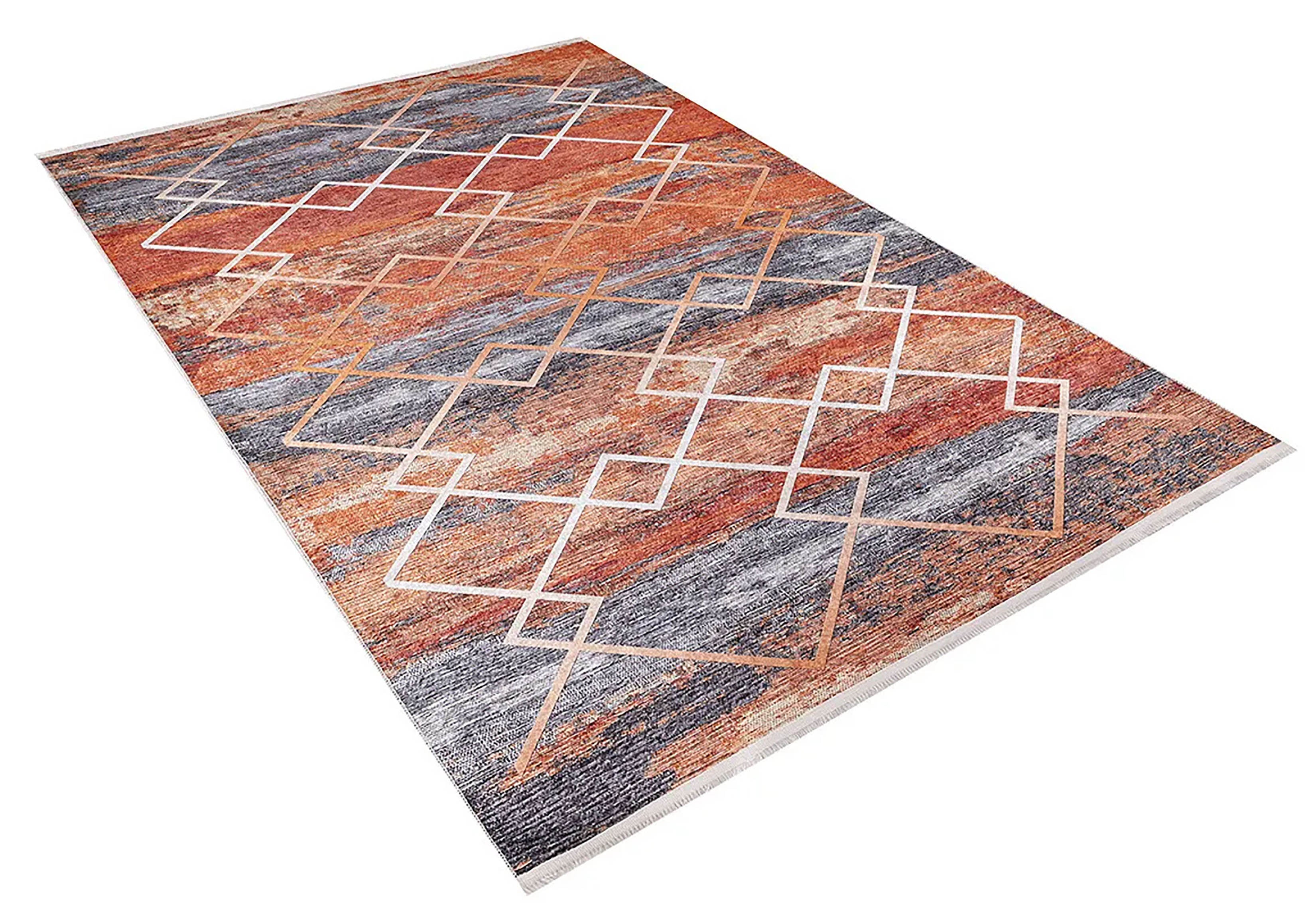 Turuncu Gri Geometrik Modern Desen Halı