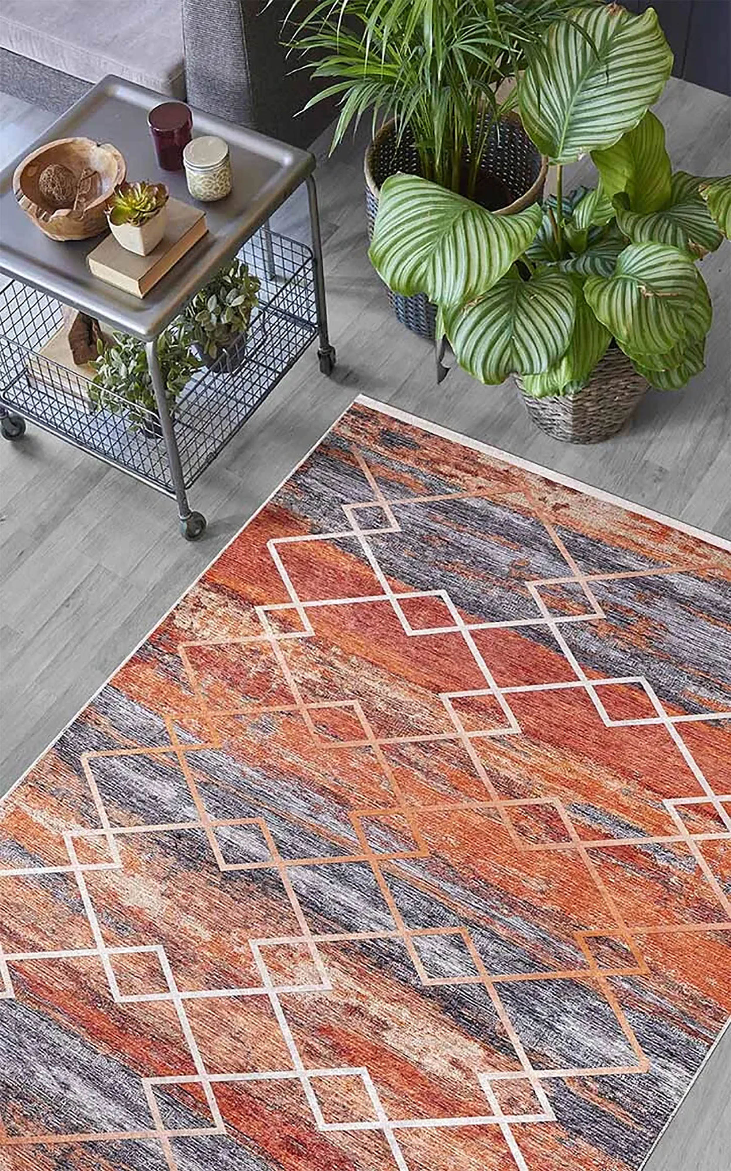 Turuncu Gri Geometrik Modern Desen Halı