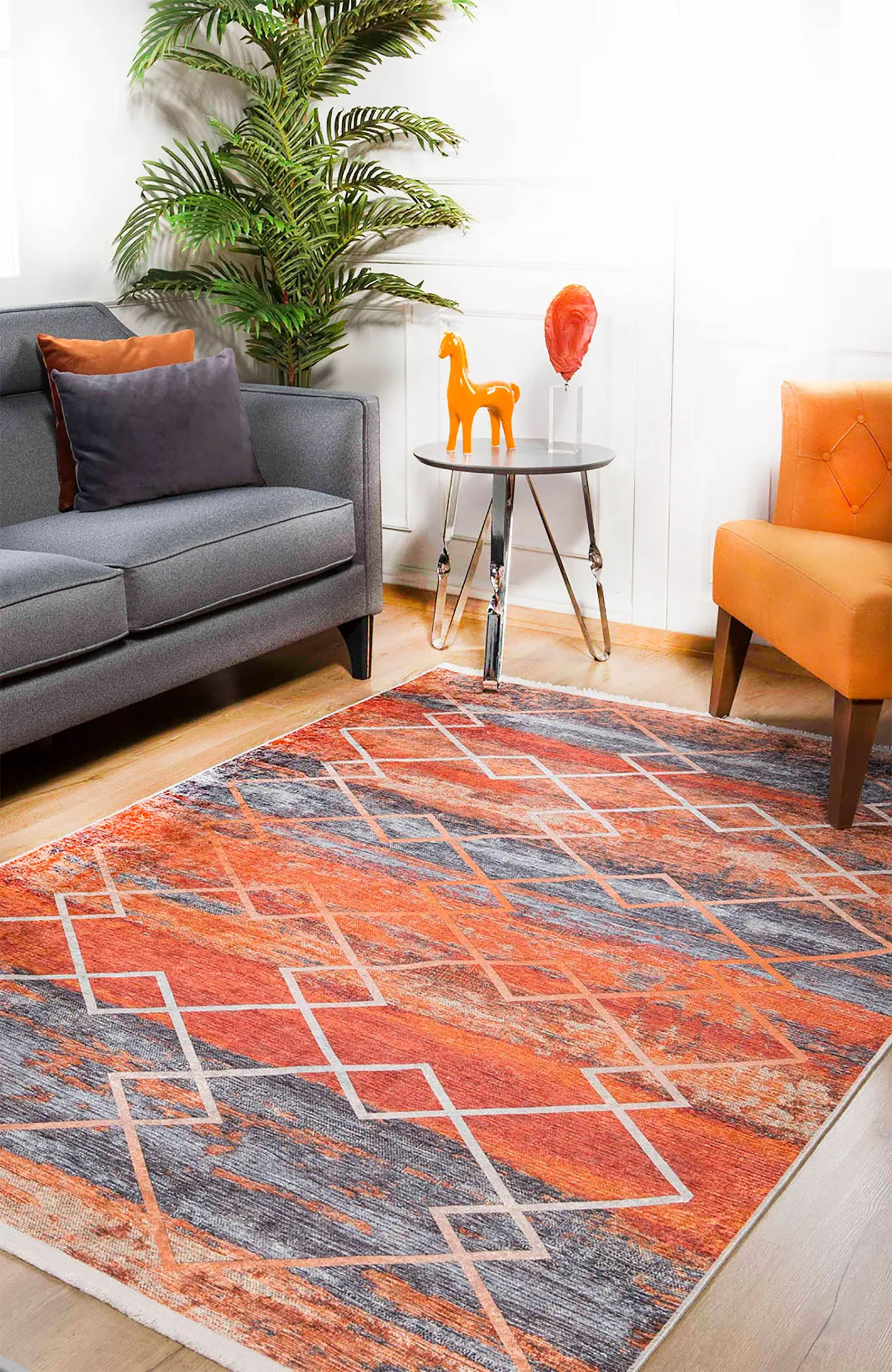 Turuncu Gri Geometrik Modern Desen Halı