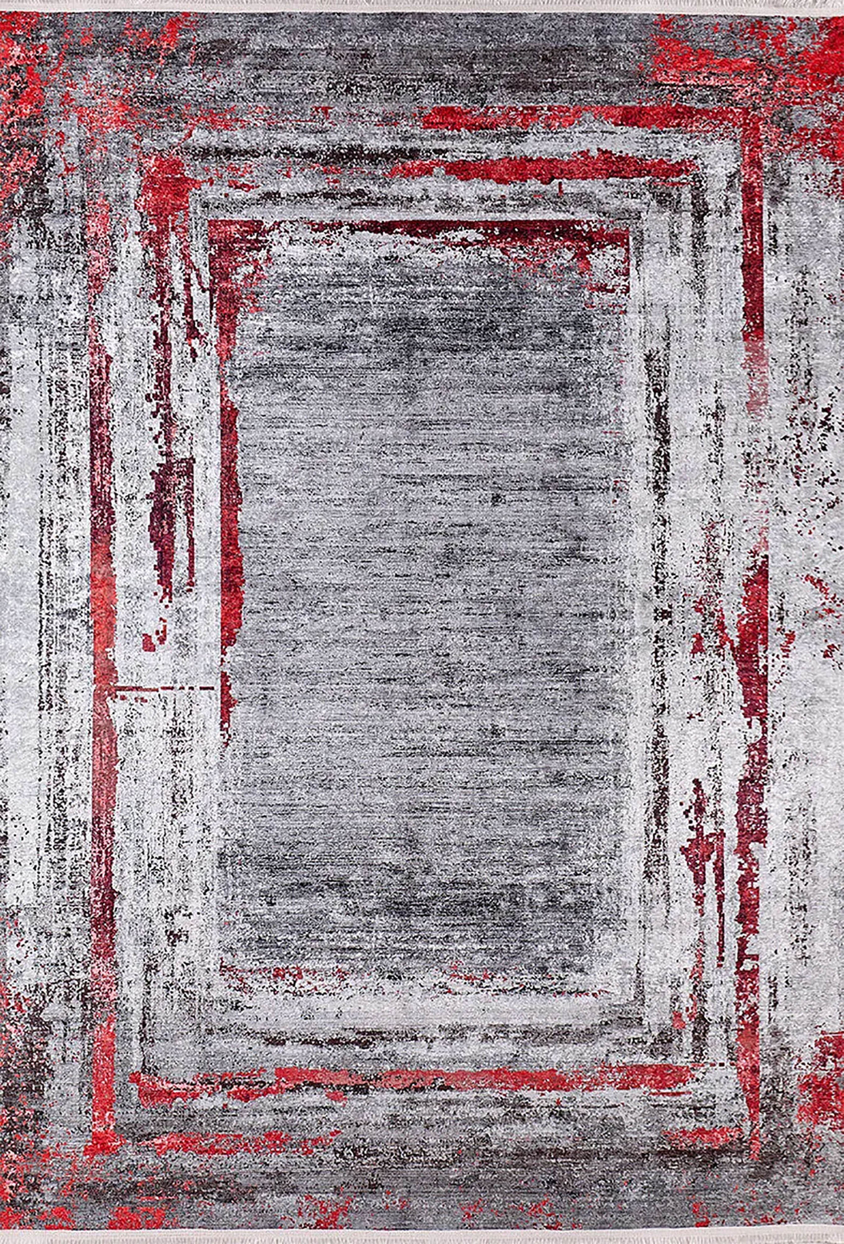 Gri Kırmızı Fırça Darbesi Desenli Modern Halı