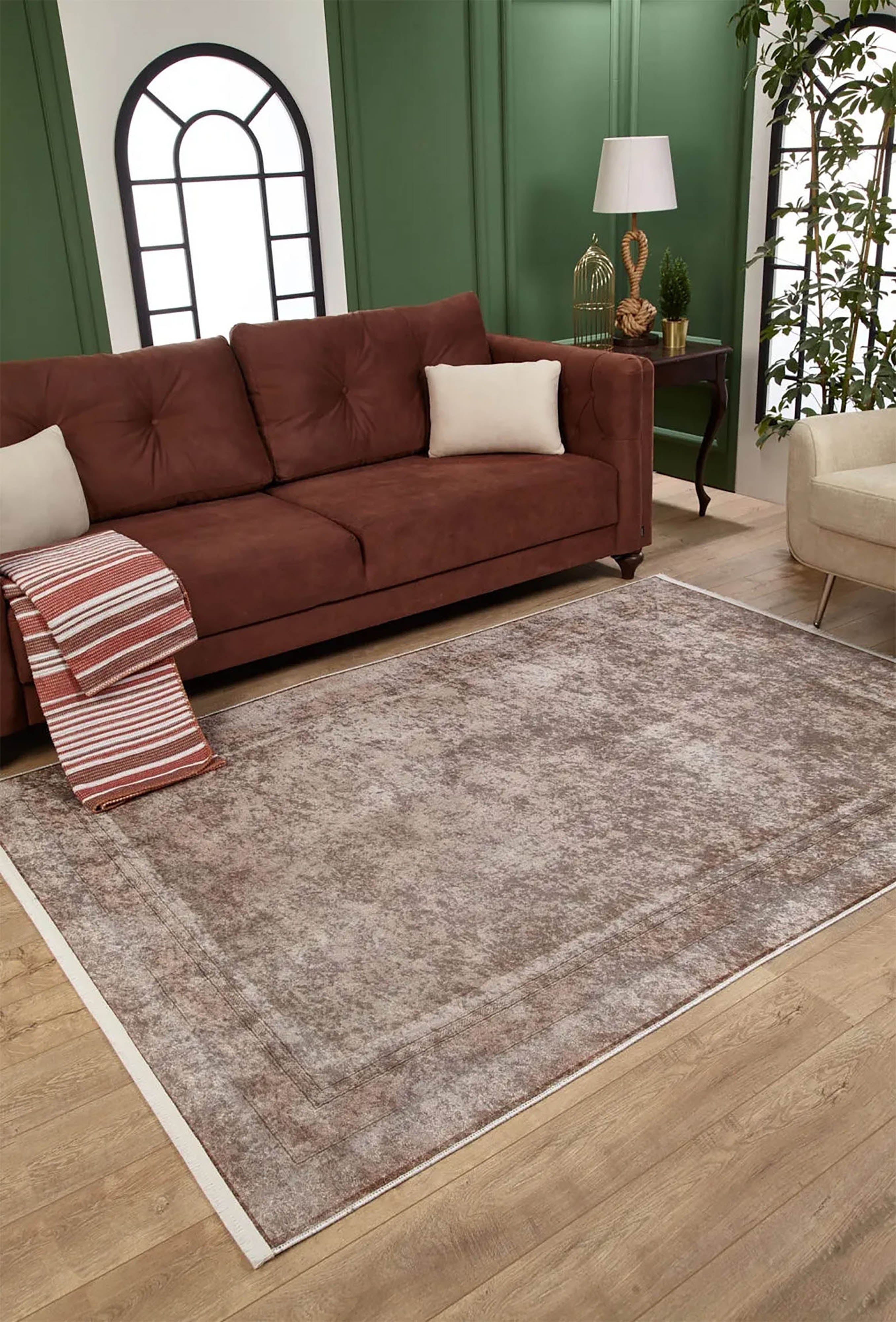 Sade Modern Bordürlü Açık Gri-Bej Yıkanabilir Halı