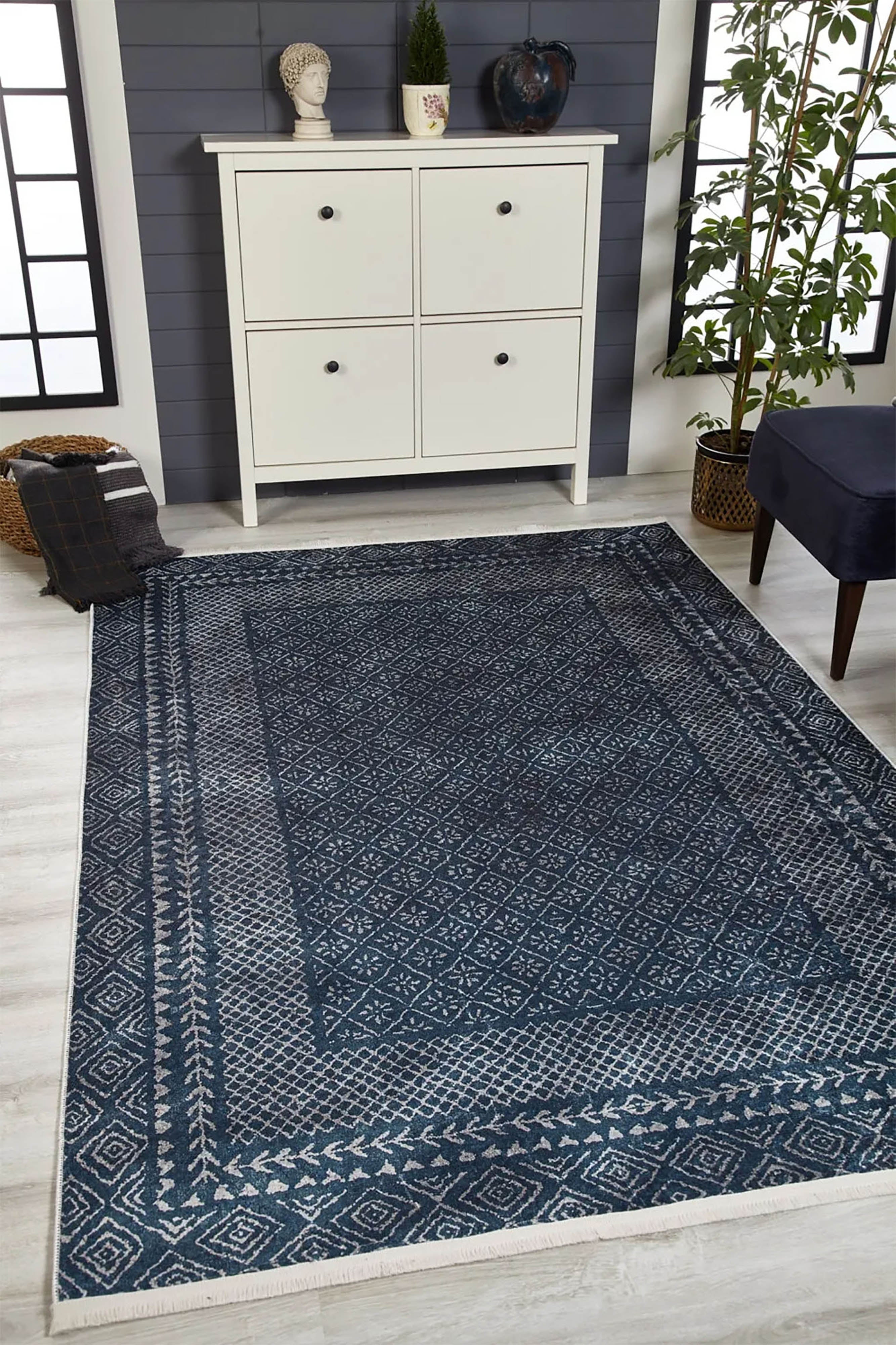 Lacivert Geometrik Desenli Halı - Pera Halı