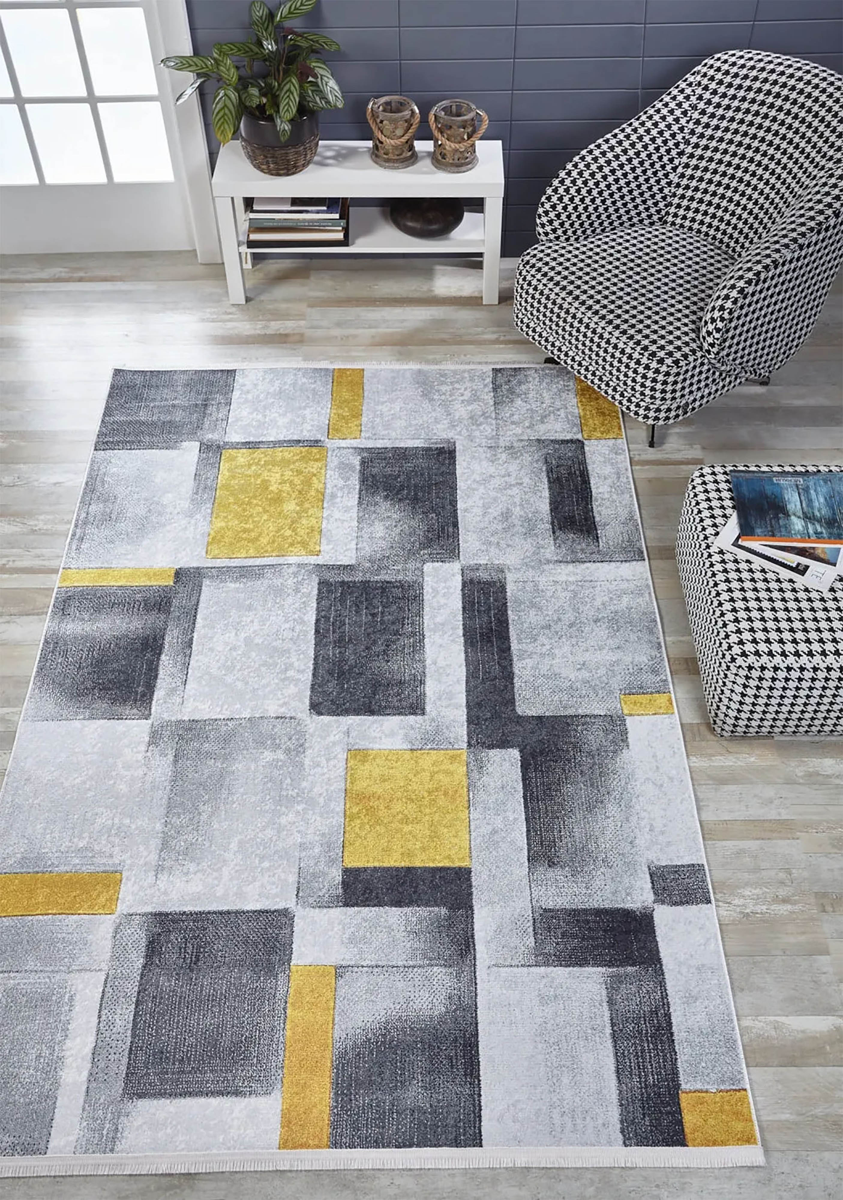 Gri Sarı Modern Geometrik Halı - Pera Halı